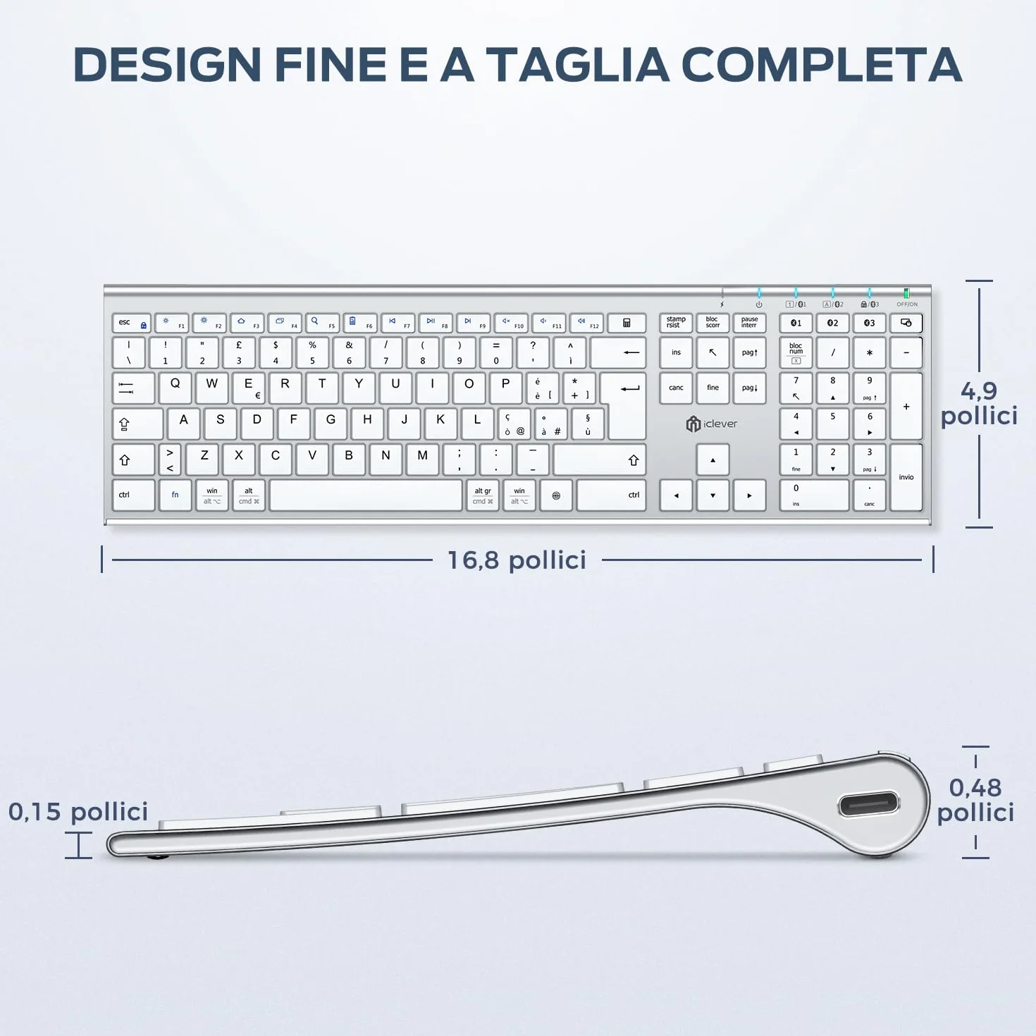 iClever Tastiera Bluetooth Wireless Full Size Layout Italiano QWERTY Ricaricabile USB-C Bluetooth 5.1