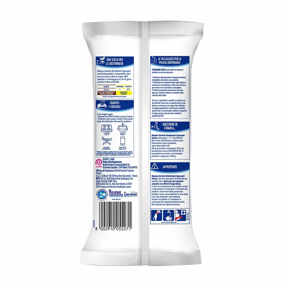 Napisan Salviette Disinfettanti Sgrassanti al Limone, 80 Salviette Biodegradabili Multisuperfici