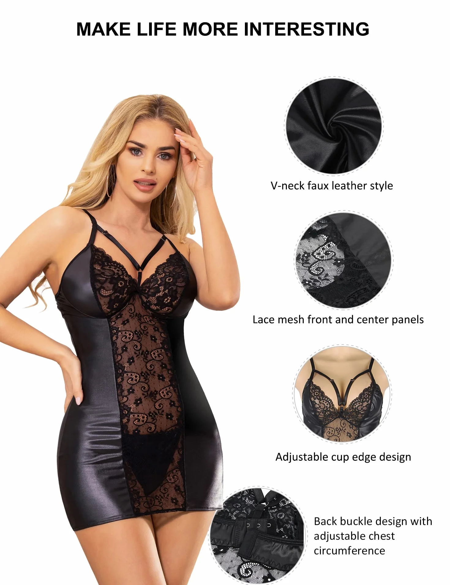 Ohmydear damska sukienka ze skóry PU, sexy, koronkowa, przezroczysta, erotyczna, duże rozmiary, dekolt V