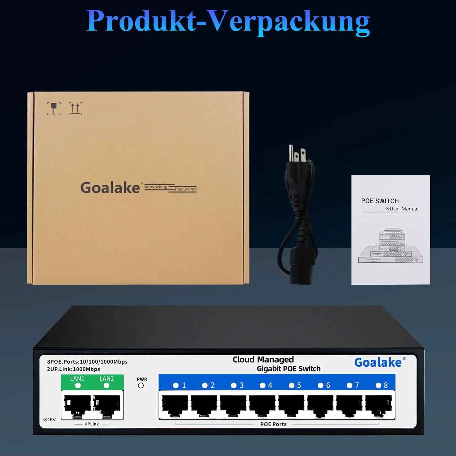 Goalake Gigabit Switch Poe a 8 Porte, Switch Ethernet Gestito Cloud, Switch PoE+ a 10 Porte da 120W, 802.3af/at, APP Easy Smart Managed, Cloud Detection, Vlan, Riavvio cloud, Cloud Ultra-remoto