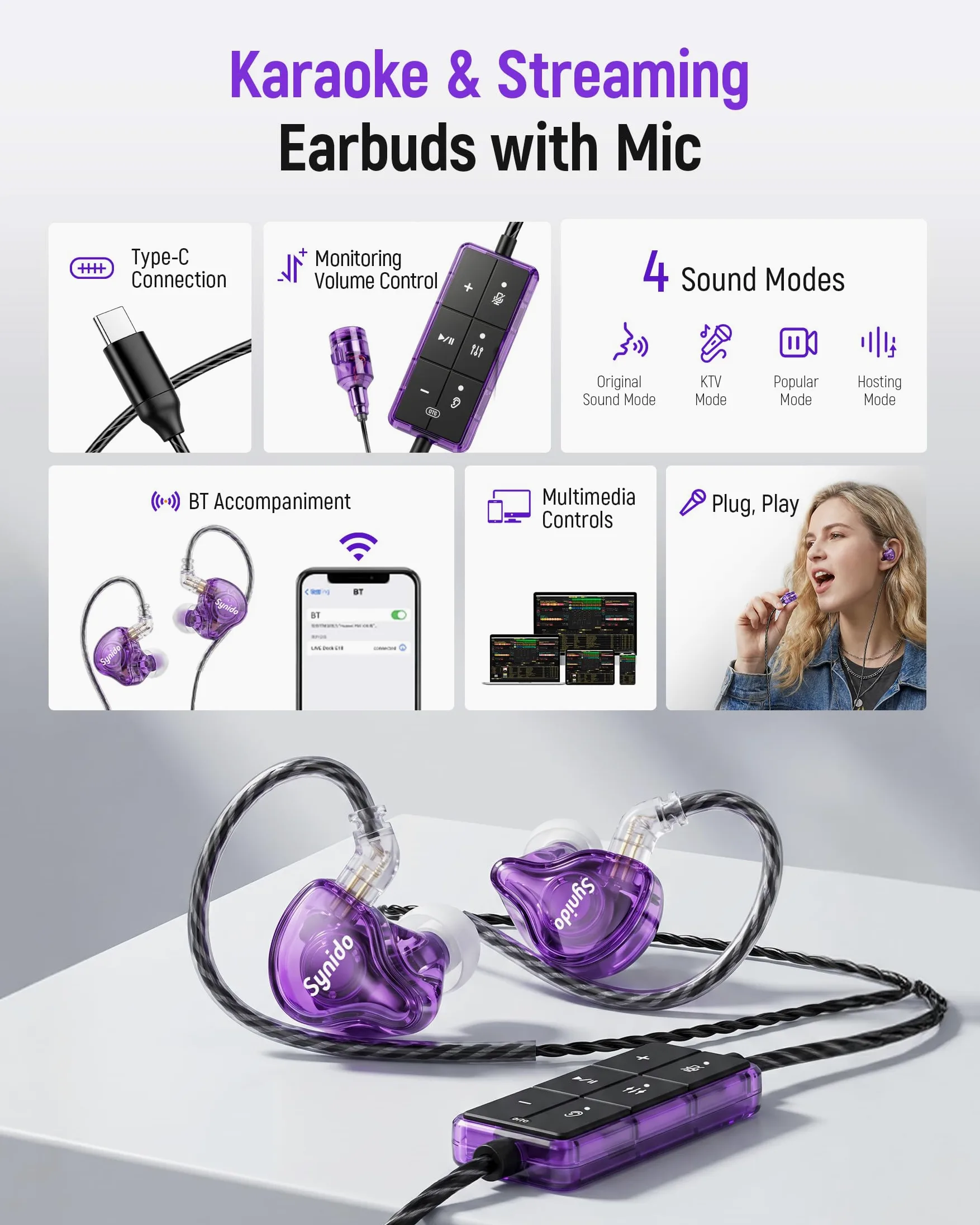 Synido Scheda audio auricolare per cantare live streaming, monitoraggio in tempo reale, accompagnamento BT, microfono con riduzione del rumore, 4 modalità audio, compatibile con smartphone, tablet e