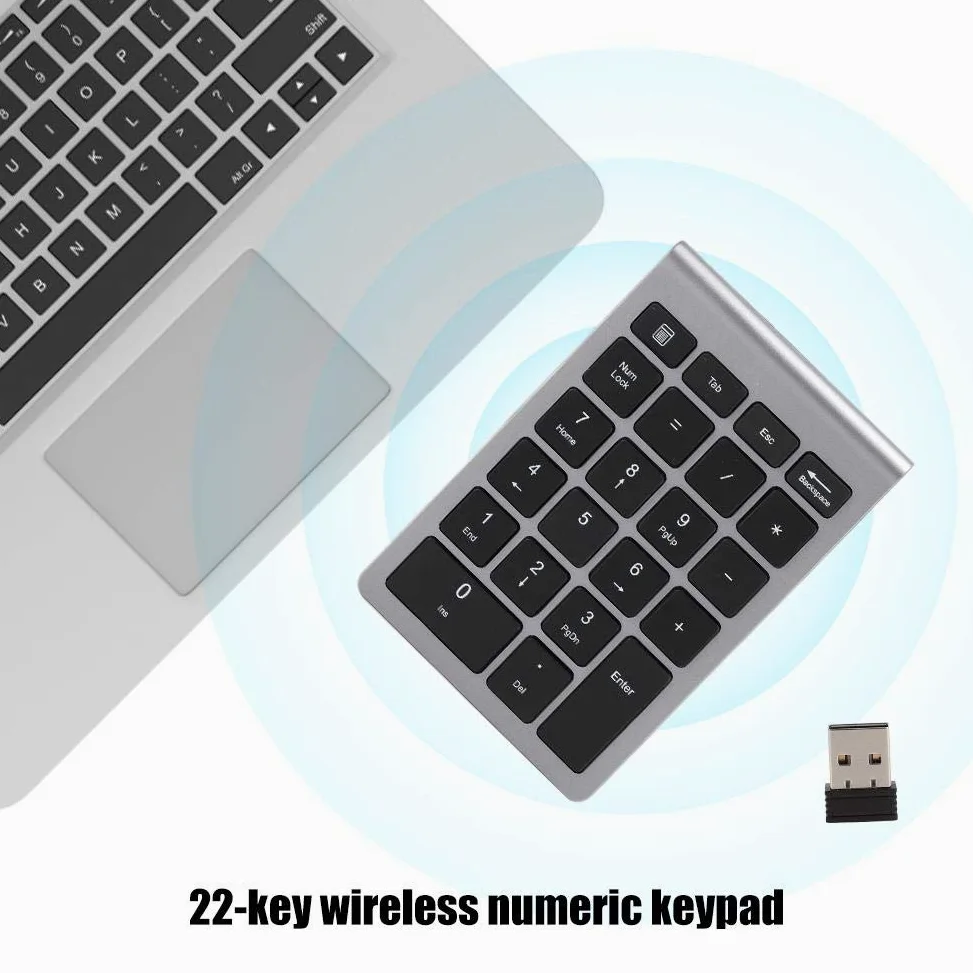 Zunate Tastierino numerico senza fili, tastierino numerico a 22 tasti con ricevitore USB, tastiera portatile da 2,4 g per numeri di contabilità finanziaria, per notebook, laptop (ferro grigio)