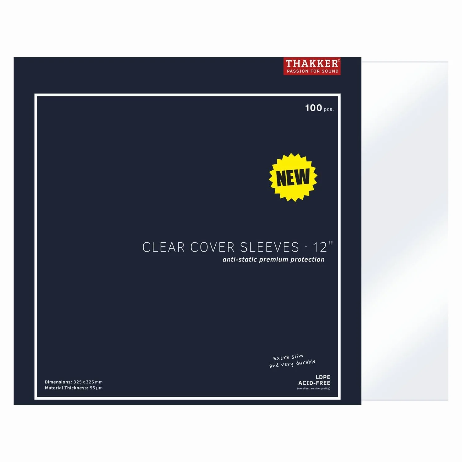 THAKKER Clear Cover Sleeves 12' - 100 Buste Esterne Trasparenti per Tutte Le copertine di Dischi da 12/LP e Maxi | Extra Sottili, robuste e antistatiche | Prive di acidi | 55µm HDPE | 325mm x 325mm