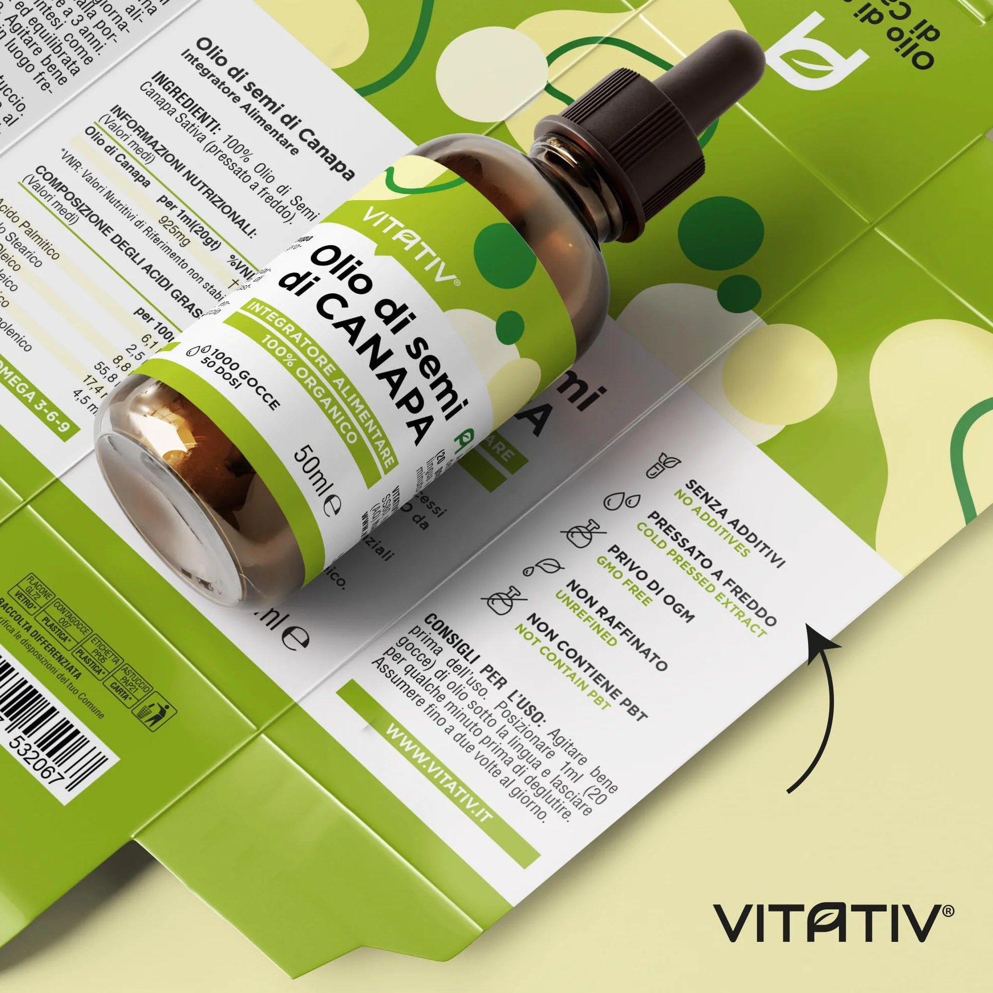 Olio di Canapa Puro 50ml Fonte Vegana di Omega 3 6 9, Vitamine e Minerali - Olio di Semi di Canapa Pressato a Freddo