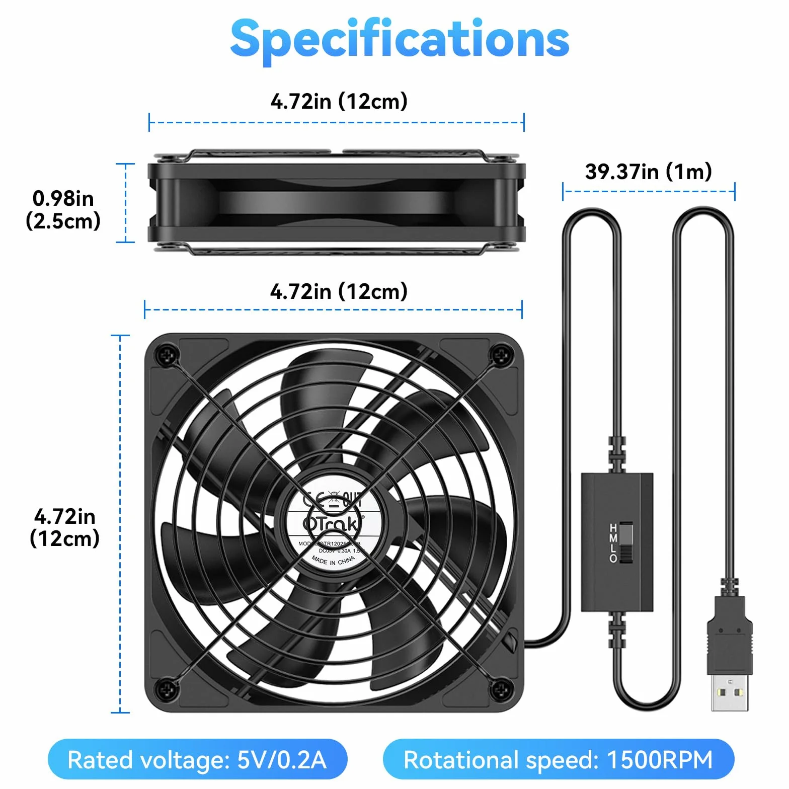 OTraki Ventilatore USB 120 mm,5V USB Fan Raffreddamento PC Ventole Mini Ventilatore 3 Velocità Regolabili,PC Ventole Compatibile con computer/PS4 /TV Box/Armadio AV/Router/Xbox
