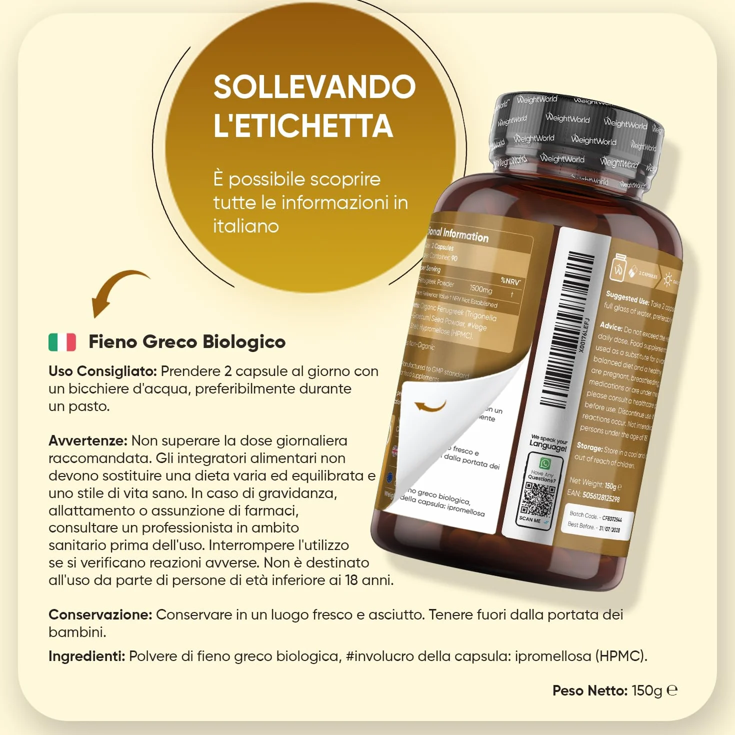Fieno Greco Bio Integratore Capsule 1500mg per Dose, 3 Mesi, Vegano, Certificato, Senza OGM
