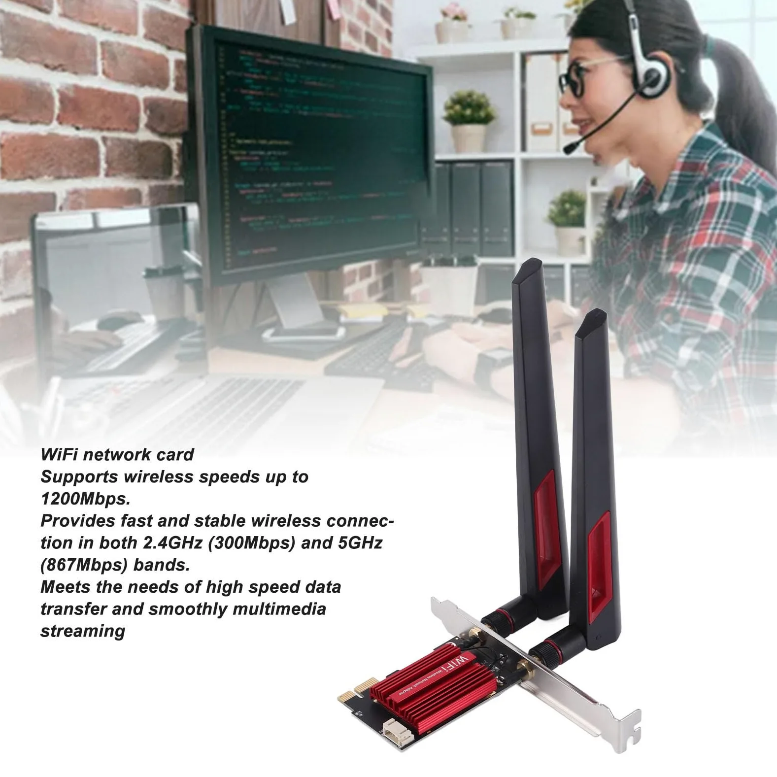Scheda WiFi PCIE, Adattatore di Rete Dual Band 2.4G/5G 1200Mbps con Bluetooth 4.0, Doppia Antenna 10dBi per PC Desktop