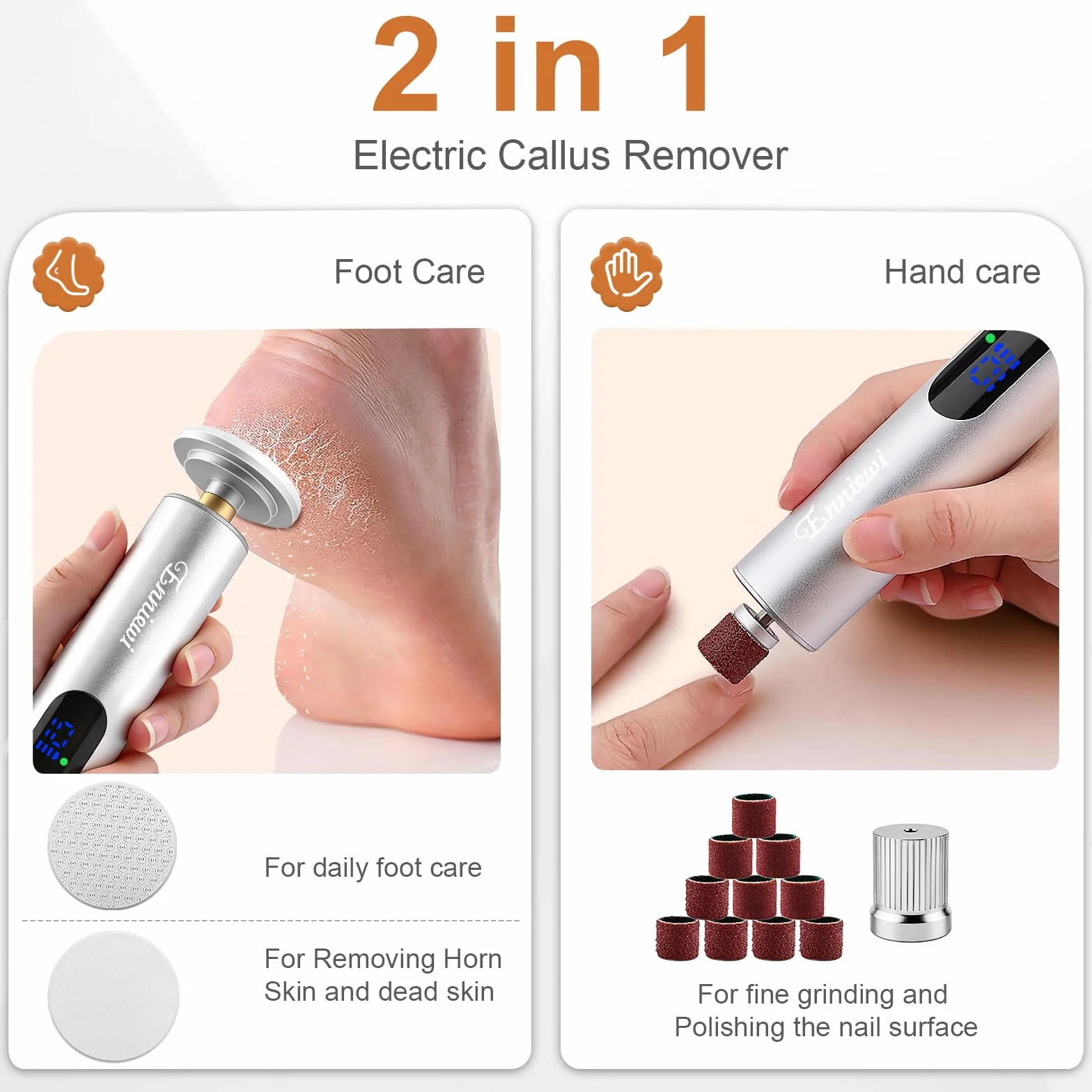 2 in 1 Pedicure Elettrico Professionale Ricaricabile con 10 Velocità e Display LED, Lima Elettrica per Piedi e Talloni, Argento