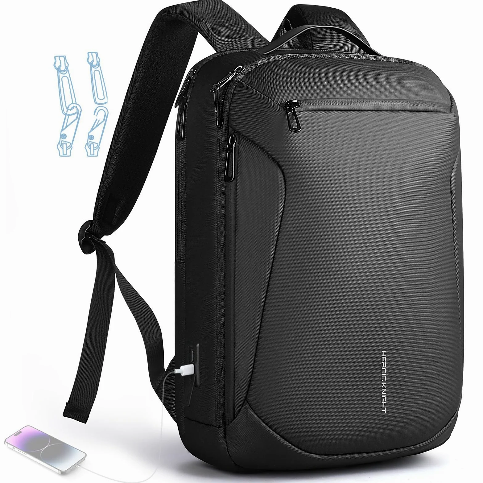 hk Zaino Porta PC 15,6 Pollici Uomo Donna con Cerniere Antifurto | Zaino Lavoro Impermeabile 25L con USB A&C, Zaino Business per Ufficio, Viaggio, Università e Cabina Aereo, Nero