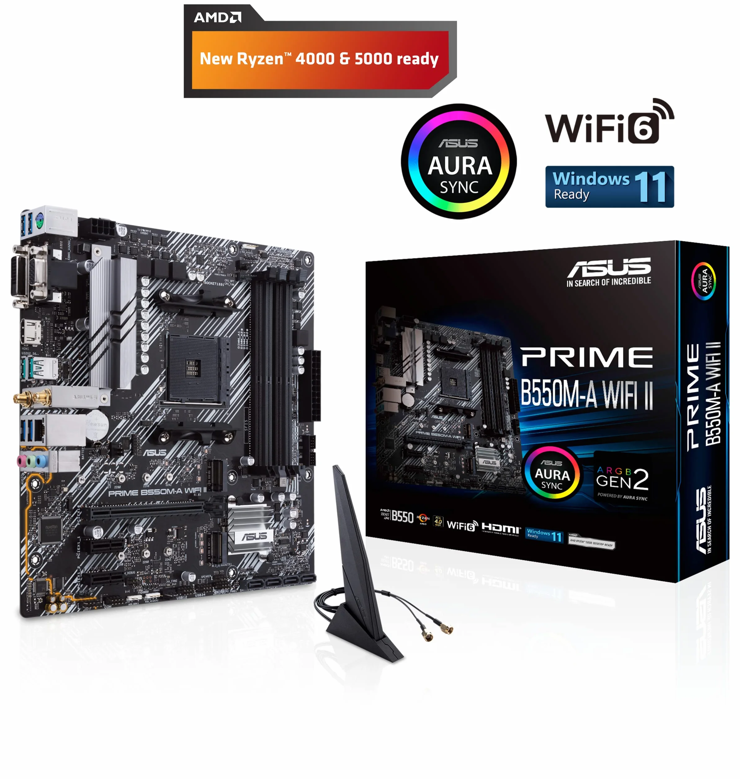 ASUS PRIME B550M-A WiFi II Scheda Madre microATX, AMD B550, Socket AM4, DDR4, PCI 4.0, LAN Realtek 1Gb, WiFi 6 (802.11ax), 2xM.2, 4xSATA 6GB/s, 2xUSB 3.2 Gen 2, Supporto Aura Sync RGB, Nero