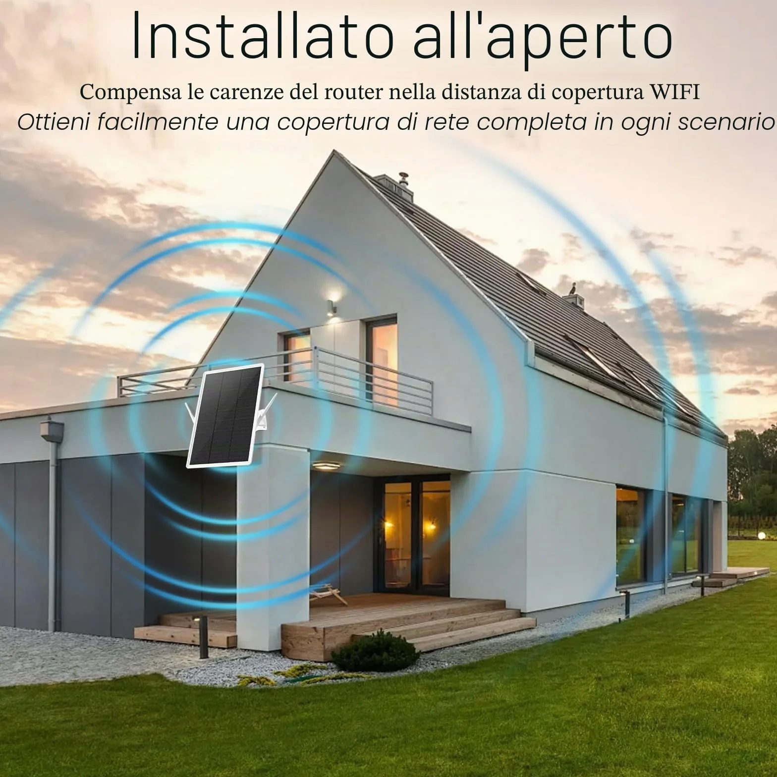 Ripetitore WLAN per esterni, batteria solare, Wi-Fi Booster WiFi Range Extender portata fino a 100 m, ripetitore WiFi da 2,4 GHz con 300 Mbit/s, punto di accesso WiFi compatibile con dispositivi da