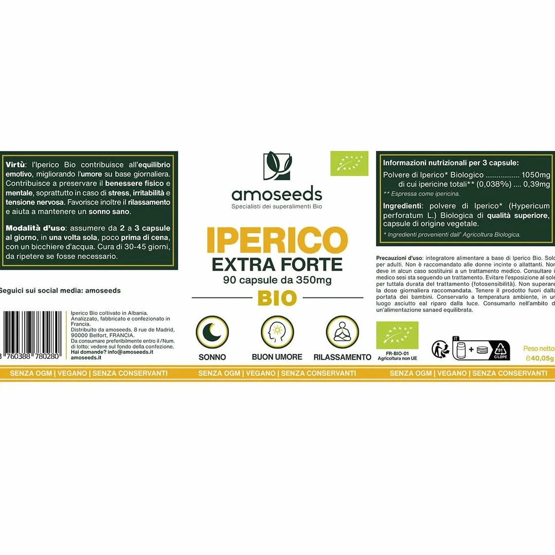 Iperico BIO Erba di San Giovanni Concentrato di Ipericina 90 capsule vegane 350 mg