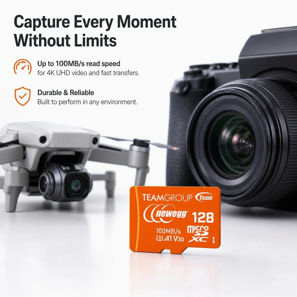 NEWEGG Scheda microSDXC A1, velocità di lettura fino a 100 MB/s, 128 GB per fotocamere, droni e smartphone Android, 4K UHD U3 V30, TUSDX128GIV30A172