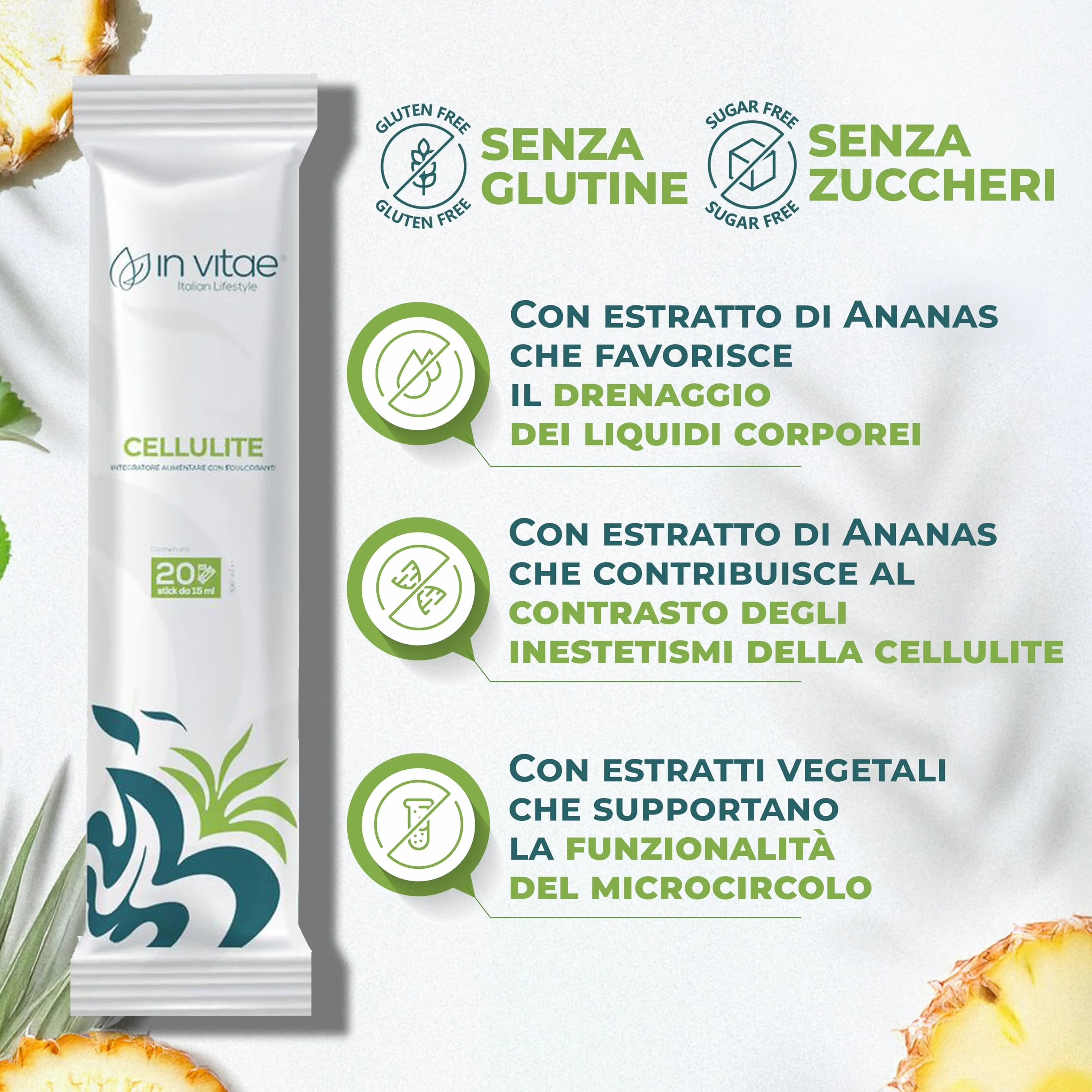 IN VITAE Bromelina Forte Drenante Complex Integratore Alimentare con Centella e Vitamina C Supporto Microcircolo Cellulite Stick Gel Gusto Ananas