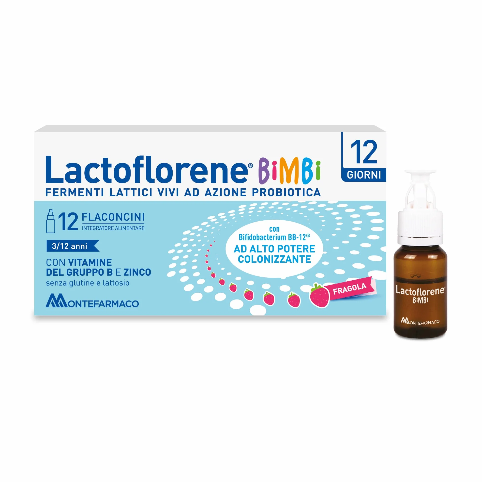 Lactoflorene Bimbi Integratore Fermenti Lattici con Zinco e Vitamine B Gusto Fragola 12 Flaconcini