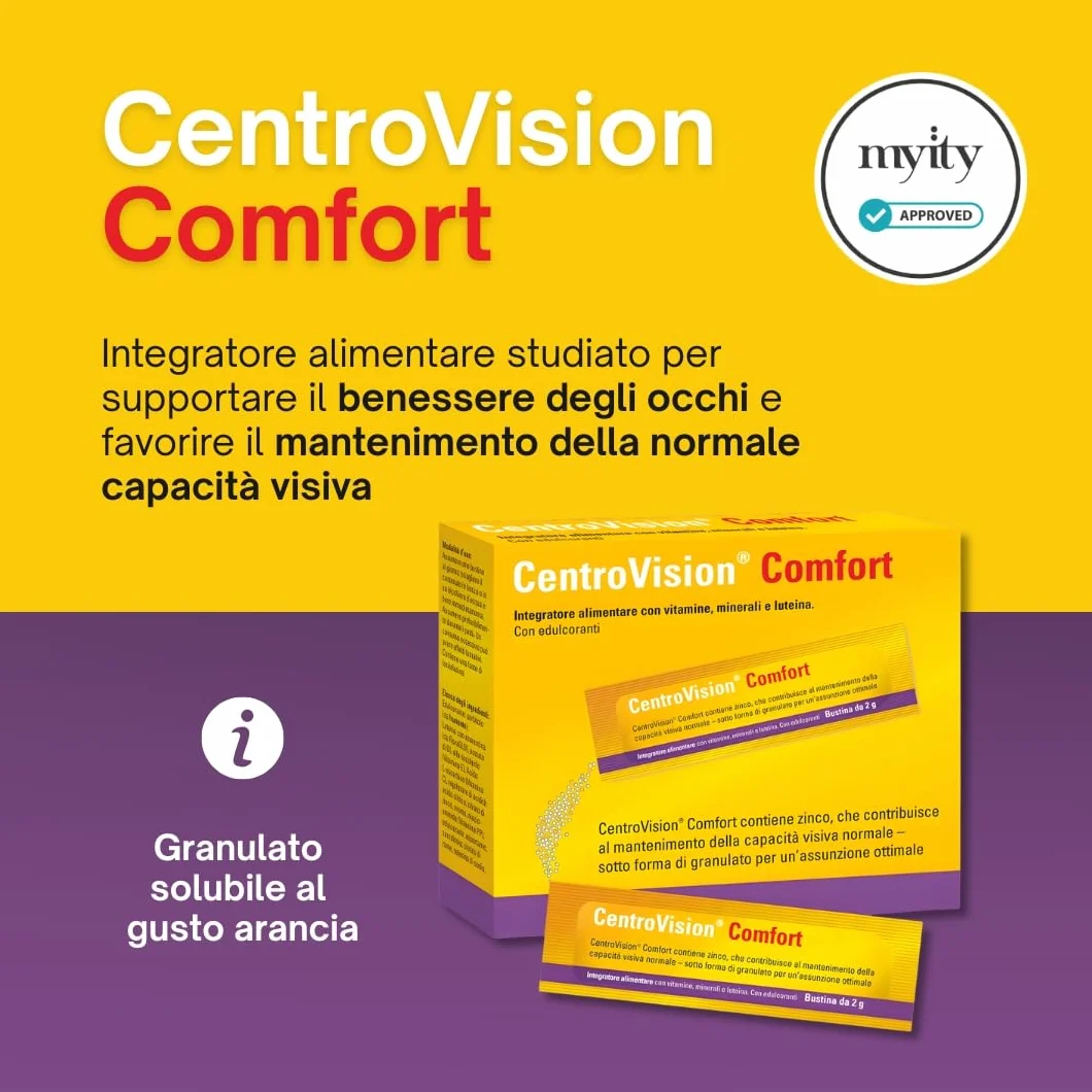 CentroVision Comfort Integratore Benessere Vista Luteina Vitamine Minerali 28 Buste 56 g Gusto Arancia