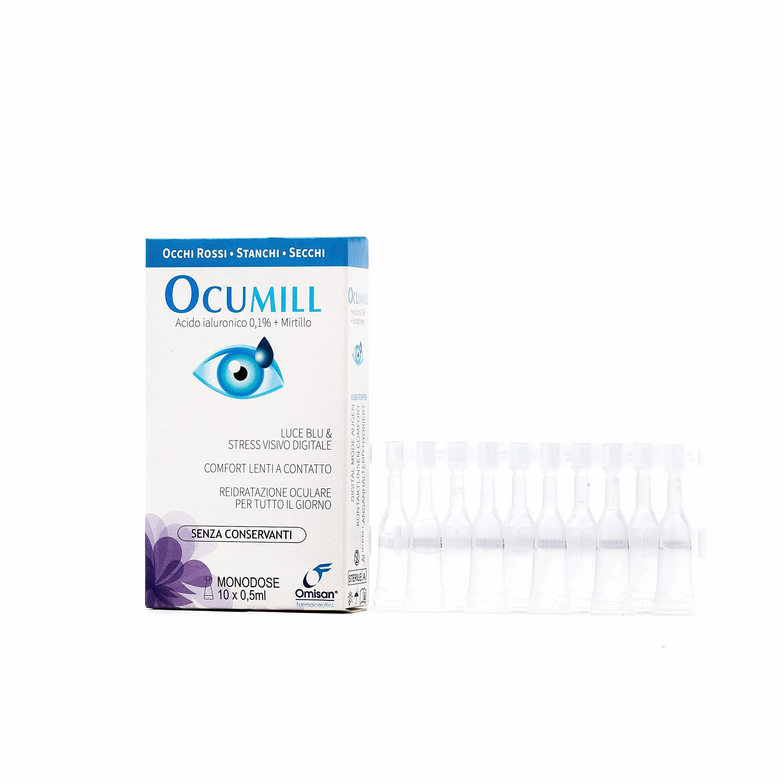 Ocumill Gocce Oculari Acido Ialuronico 3 in 1 Lubrificante Idratante Rinfrescante Monodose 10 x 0.5ml