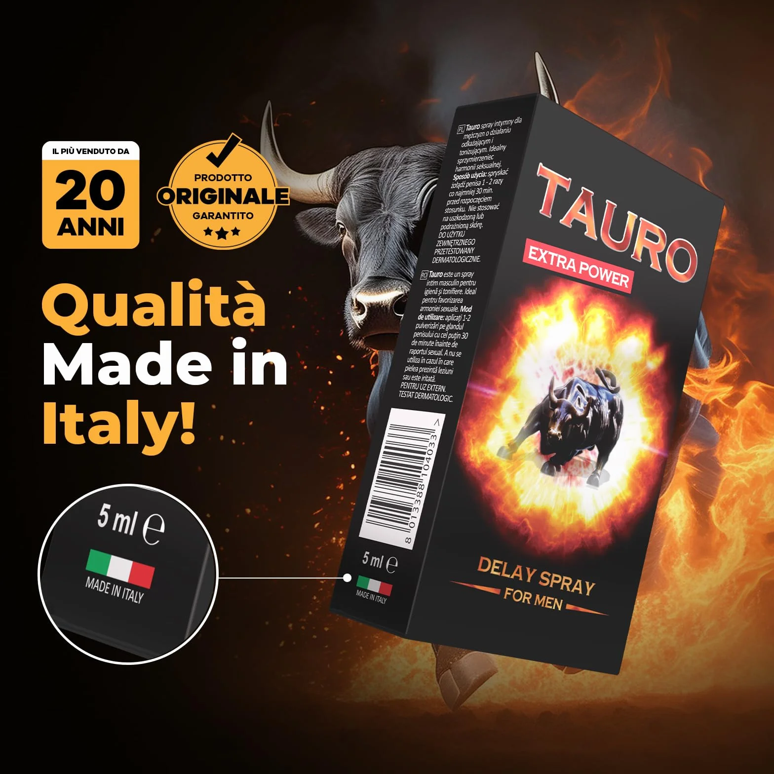 Tauro Extra Power Spray Ritardante Intimo per Uomo, Contrasta l'Eiaculazione Precoce, Prolunga il Rapporto, 5ml + 12 Profilattici