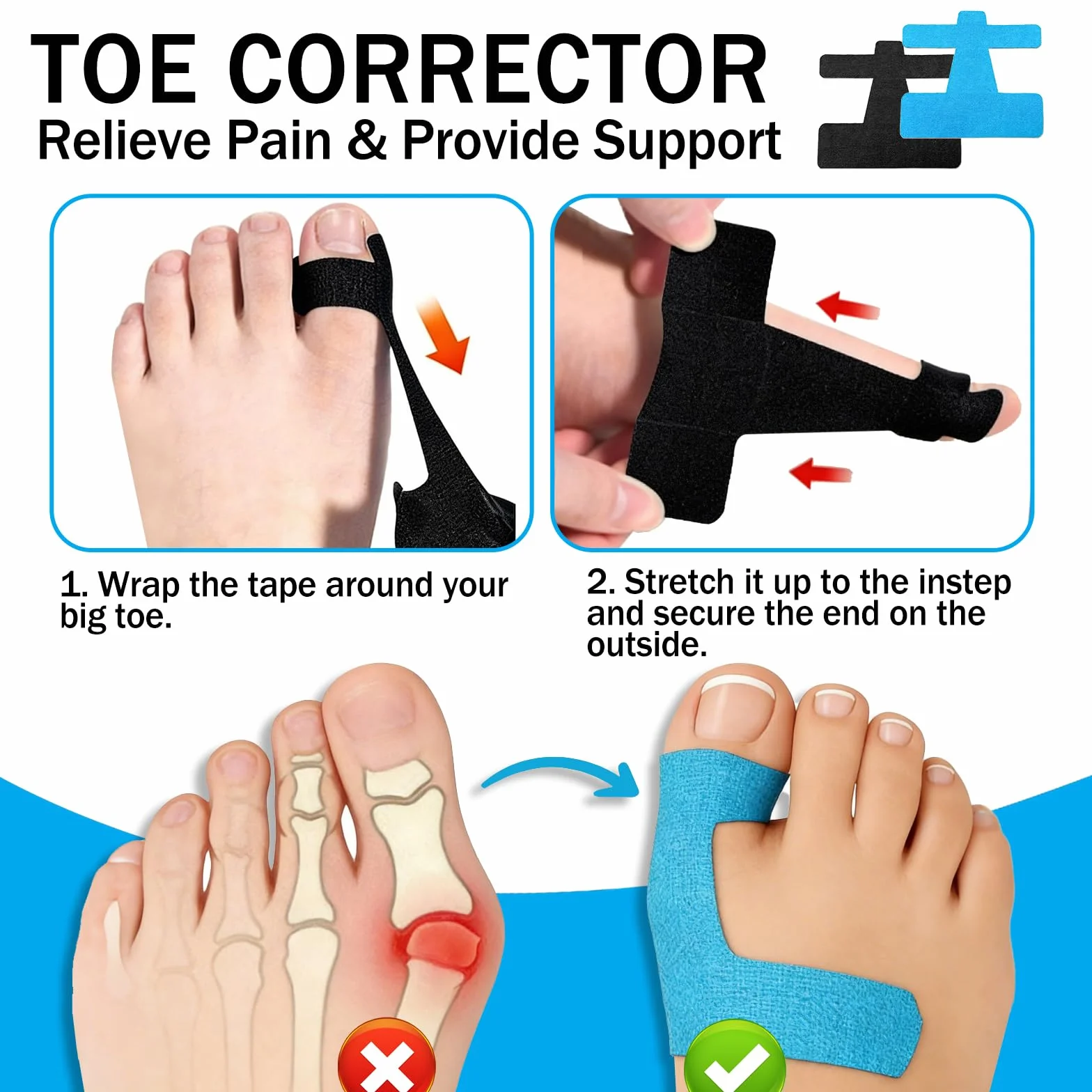 Kinesiotape per Alluce Valgo, Pretagliato Nastro Kinesiologico in Cotone, Impermeabile Traspirante, Nero+Blu, 50 Pezzi