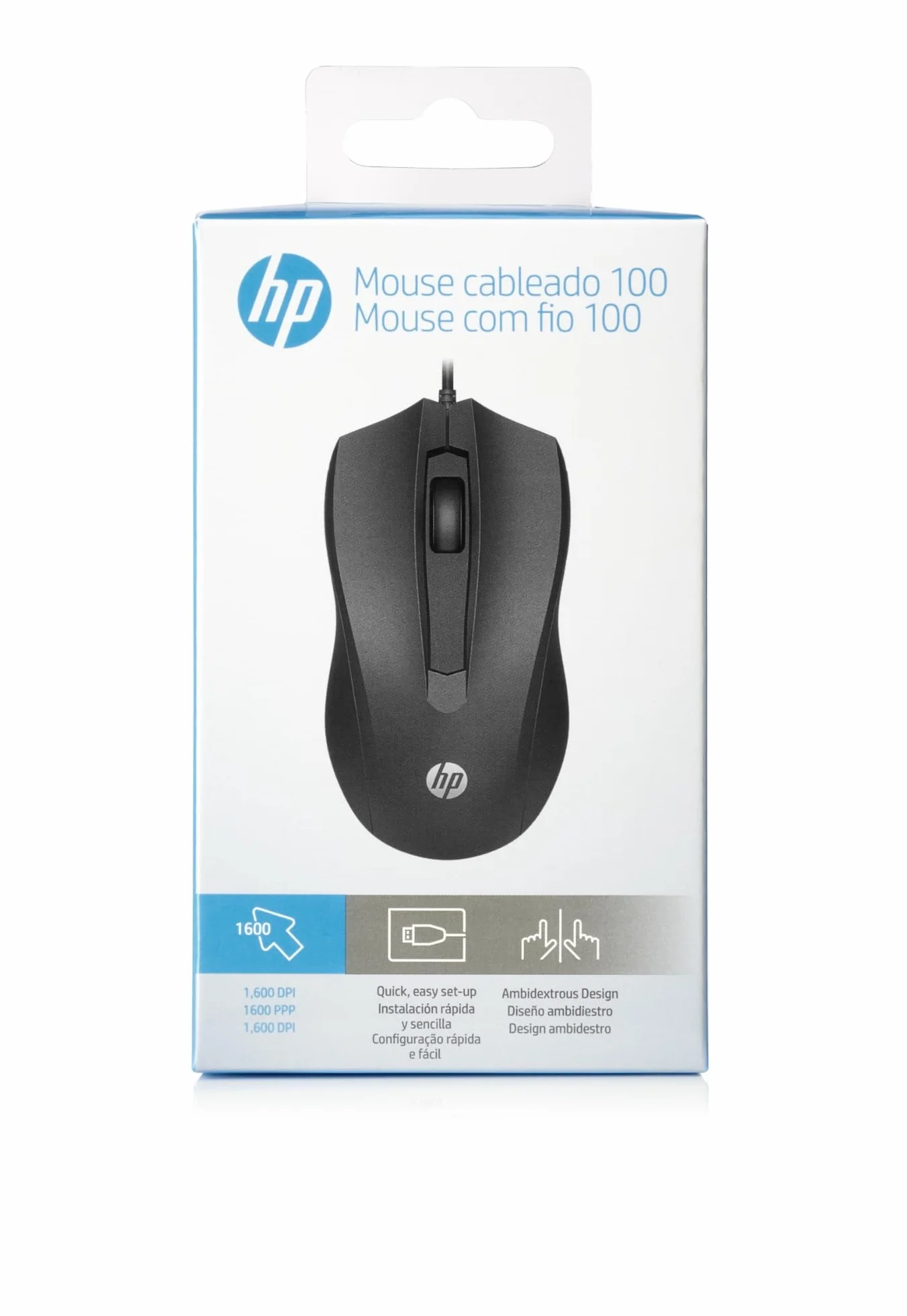 HP 100 Mouse Cablato, 1600 DPI, 3 Pulsanti, Cavo USB-A 1.5m, Ergonomico, Ambidestro, Nero
