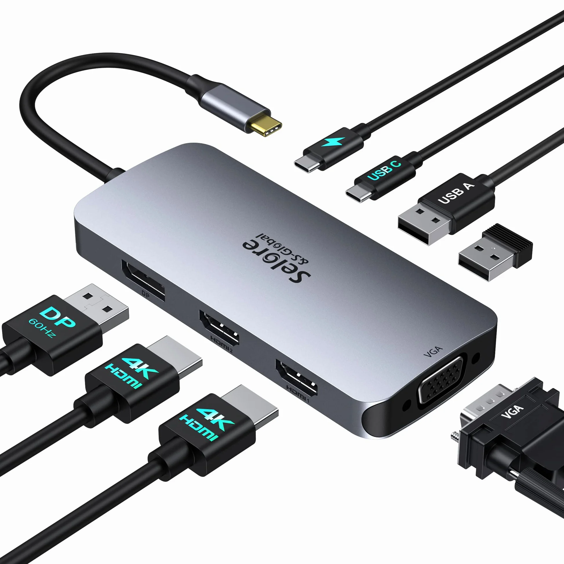 Docking station USB C 2 HDMI DP VGA 8 in 1 Adattatore Hub Multi Monitor per Laptop con Doppio 4K HDMI DP VGA PD100W USB 2.0 USB C Dati per Dell Lenovo Yoga Thinkpad Huawei