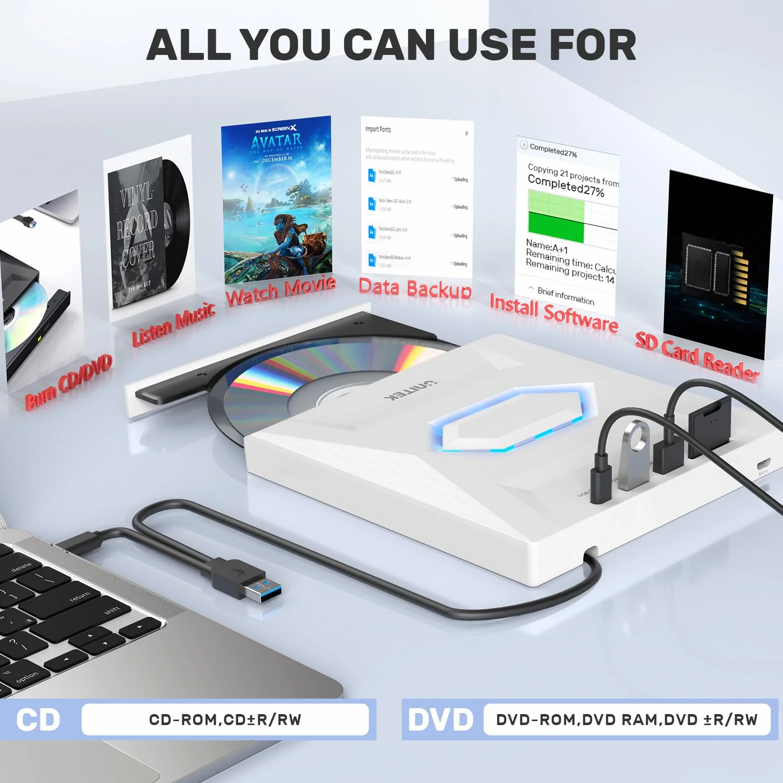 UNITEK Unità CD DVD esterna USB C portatile: lettore CD/DVD +/-RW, hub USB 3.0/2.0/C, slot schede SD, compatibile con Windows, Linux, MacOS, per laptop e desktop