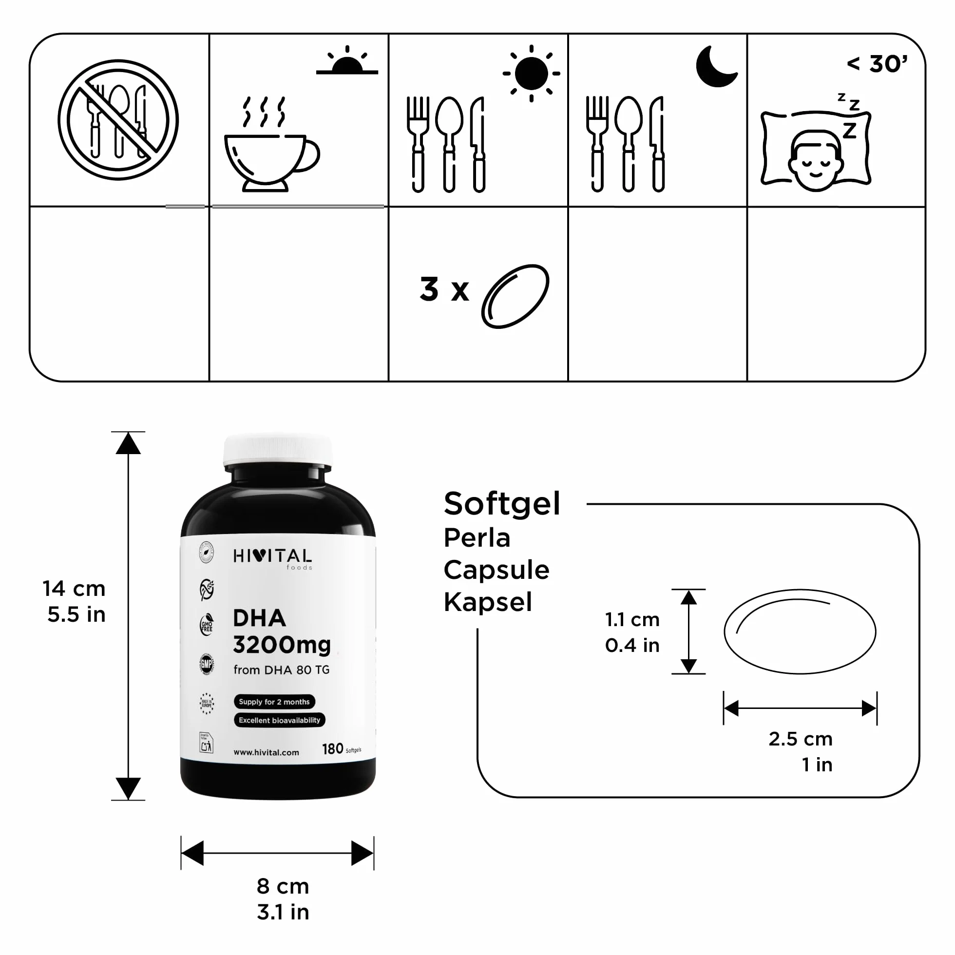 HIVITAL DHA 3200 mg 180 capsule Olio di Pesce Naturale Trigliceridi Senza Glutine Non OGM
