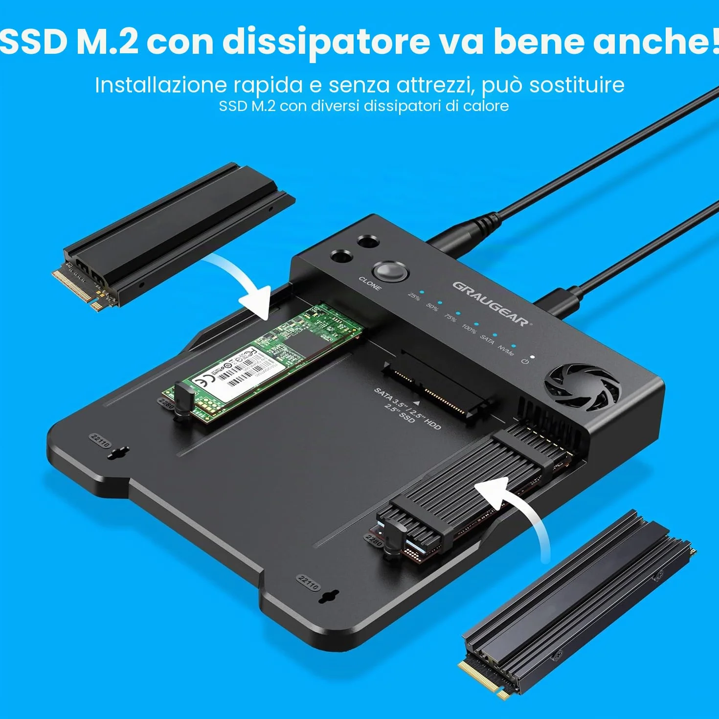 GRAUGEAR Stazione di Clonazione Bidirezionale HDD SATA 2,5/3,5 SSD M.2 SATA NVMe Docking Station USB 3.2 Gen 2 10 Gbit/s USB-C