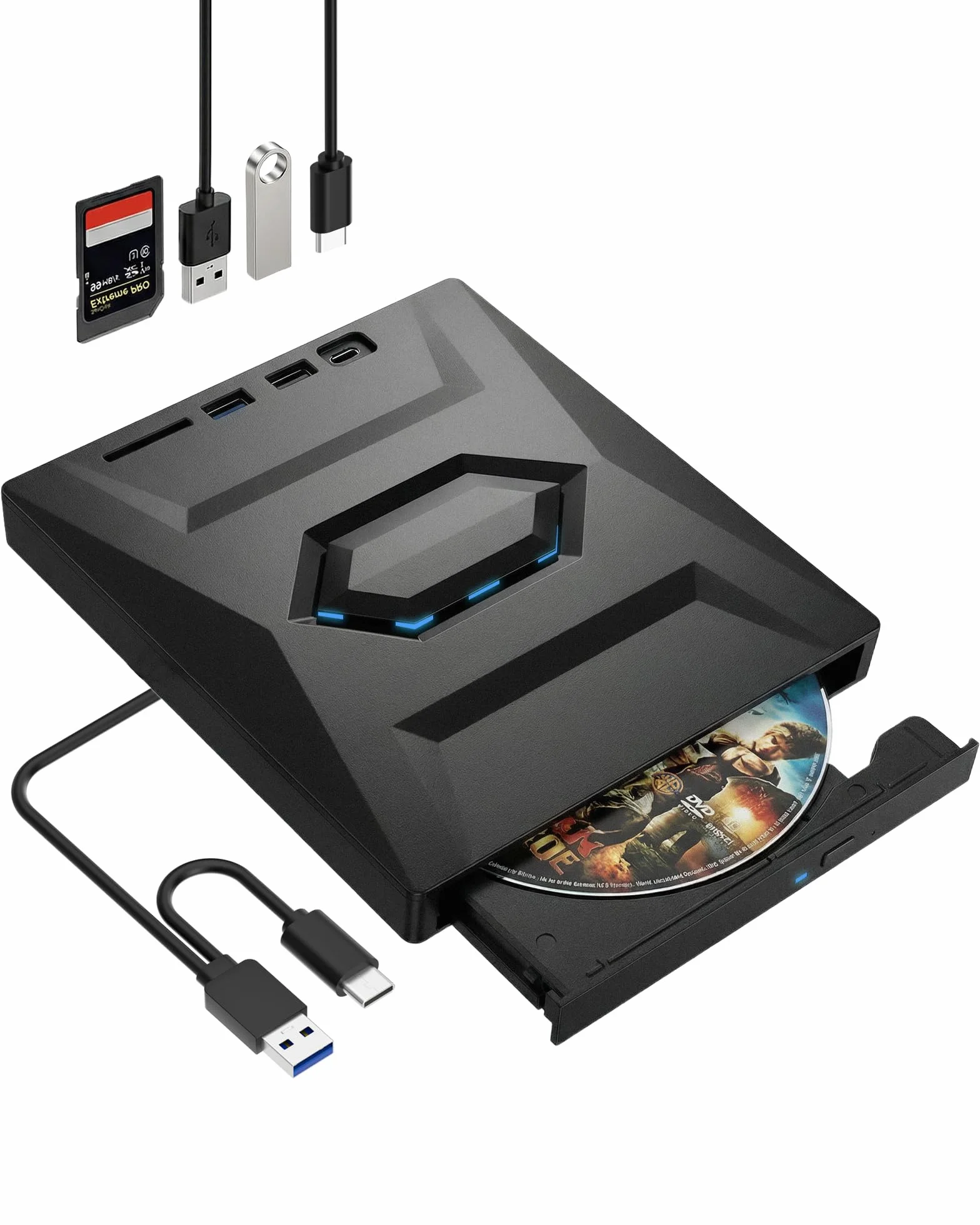 Lettore CD DVD Esterno, Alta Velocità USB 3.0 Type C Lettore, Pratico Lettore con Porte USB, Masterizzatore CD DVD Portatile per Laptop MacBook Windows Linux Mac OS Vista