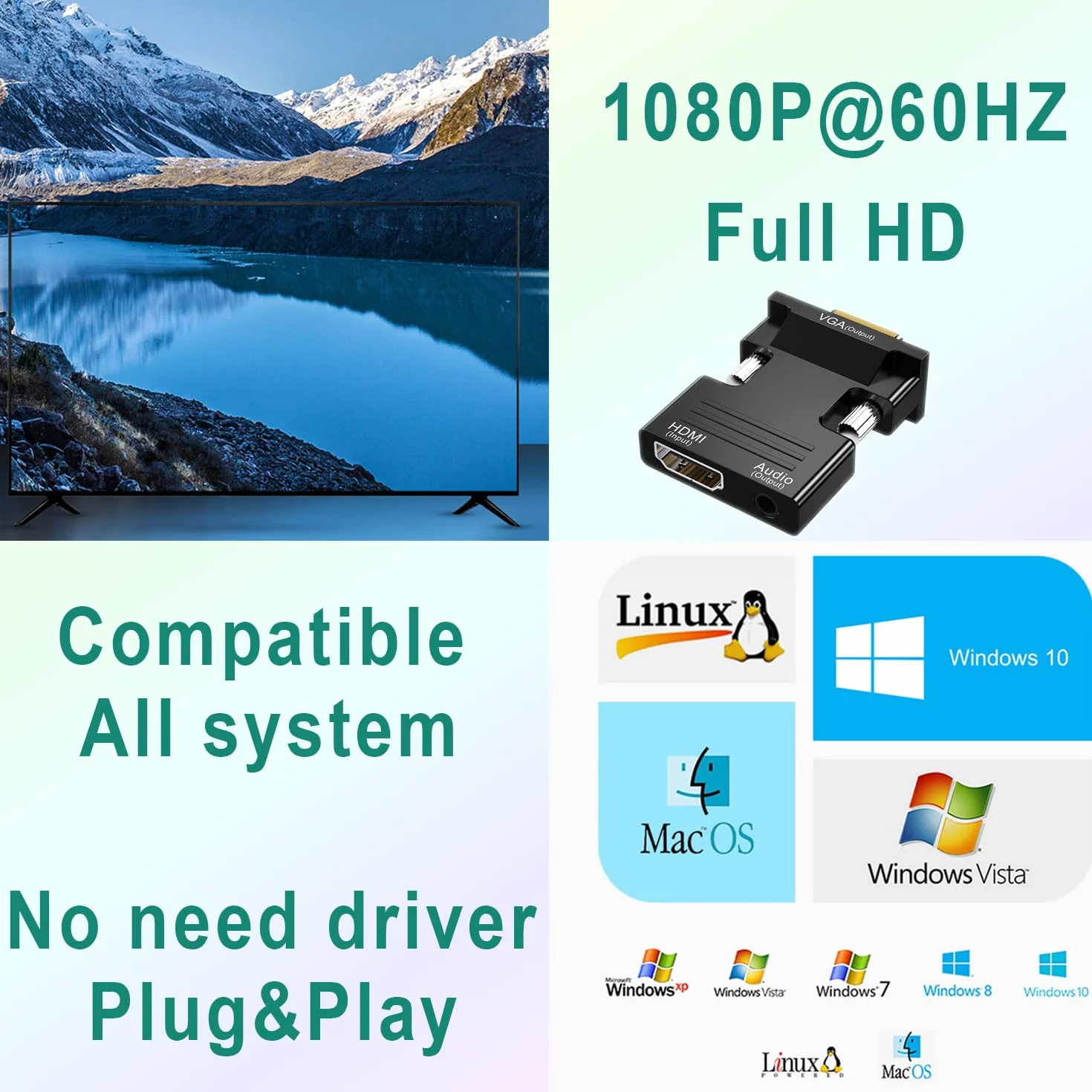 Convertitore HDMI a VGA con audio da 3,5 mm, 1080P e 100 MB/S Adattatore per Computer Beamer, Laptop, PC, Monitor, Proiettore e HDTV