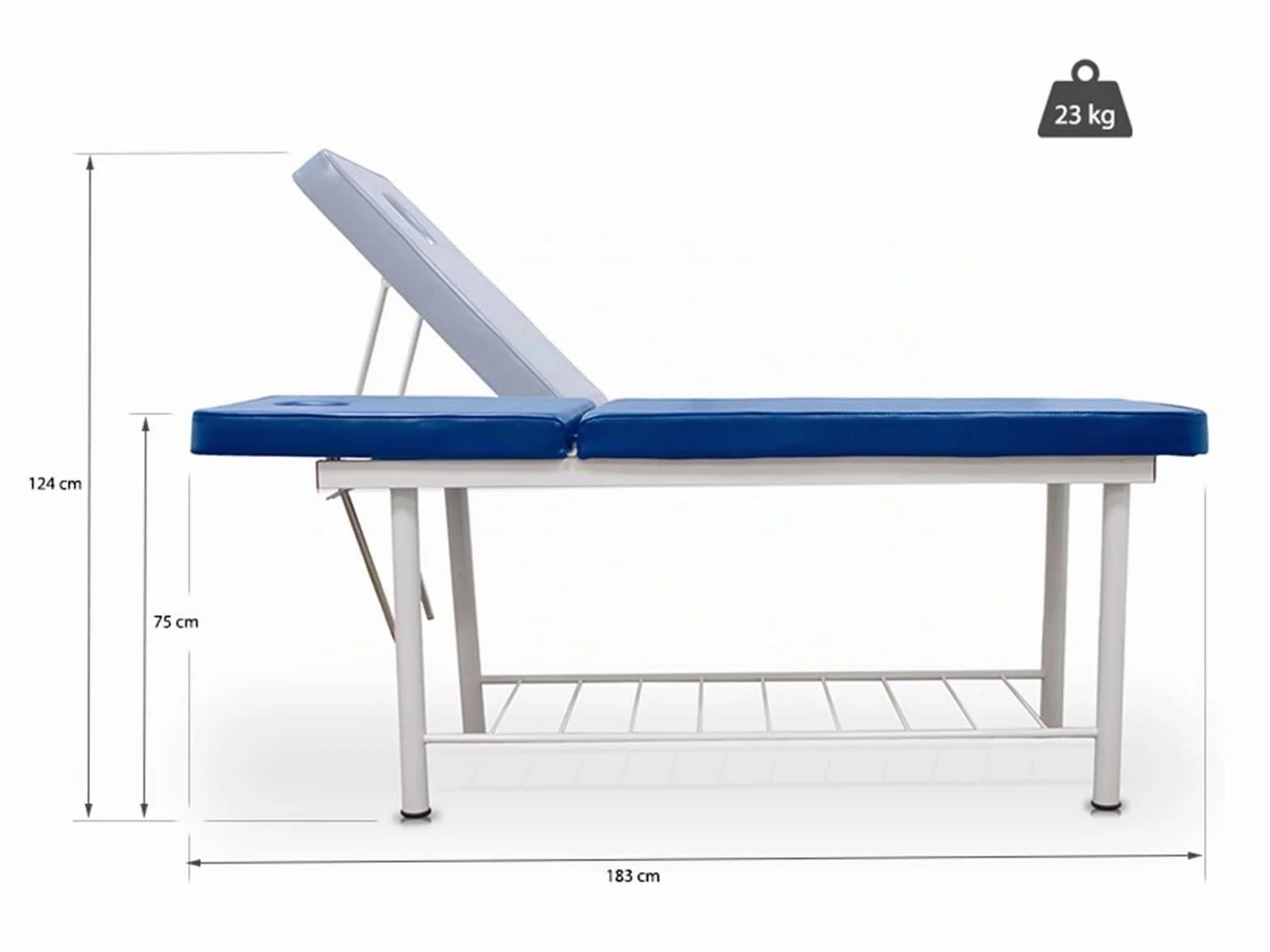 Lettino da massaggio fisso Quirumed 2 sezioni acciaio blu similpelle foro facciale cuscino portarotolo vassoio 180 kg
