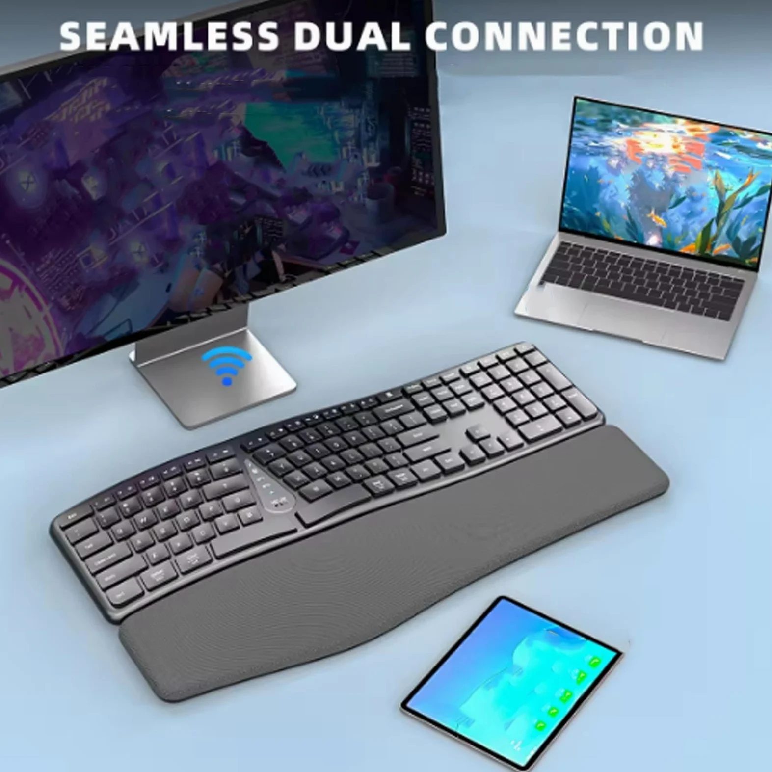Tastiera Ergonomica Wireless, Design Diviso con Poggiapolsi Imbottito in Pelle PU, connettività Bluetooth, Angolo di Inclinazione Regolabile, per Computer Portatile PC