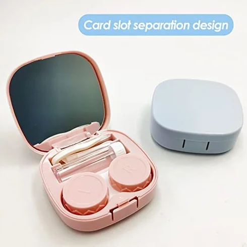 Pezzi Custodia Per Lenti a Contatto Con Specchio, Mini Porta Lenti a Contatto Da Viaggio, Plastica Blu Rosa