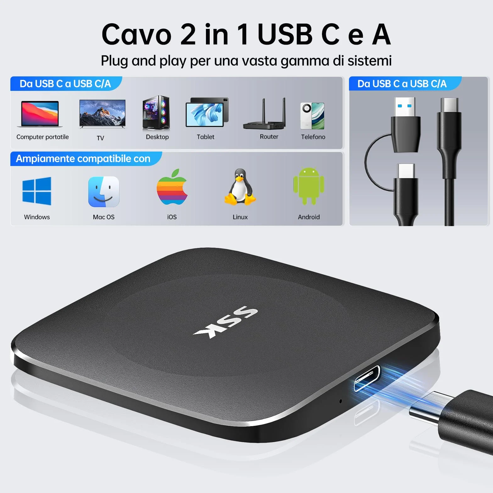 SSK SSD 256GB Esterno Portatile,fino a 550MB/s, Hard Disk Esterno SSD con cavo da Tipo C a USB C/A,Unità a Memoria stato solido veloce USB 3.2 GEN2 per iPhone 15/Android/Windows/Tablet/Mac/Xbox