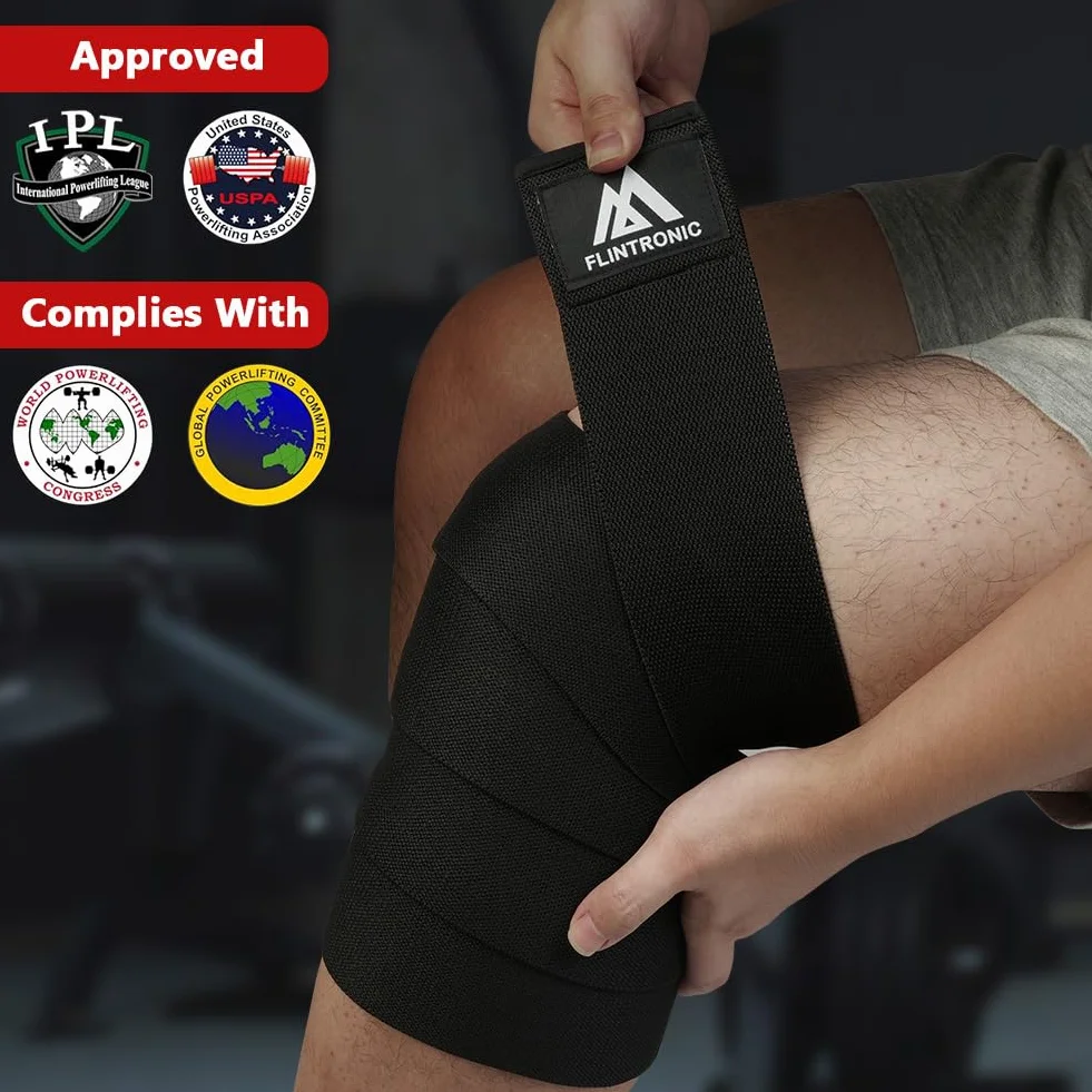 Flintronic Ginocchio Fascia Powerlifting 200cm Pesistica Fasce Elastica Bendaggio Tutore Ginocchiere Palestra Squat Allenamento Nero