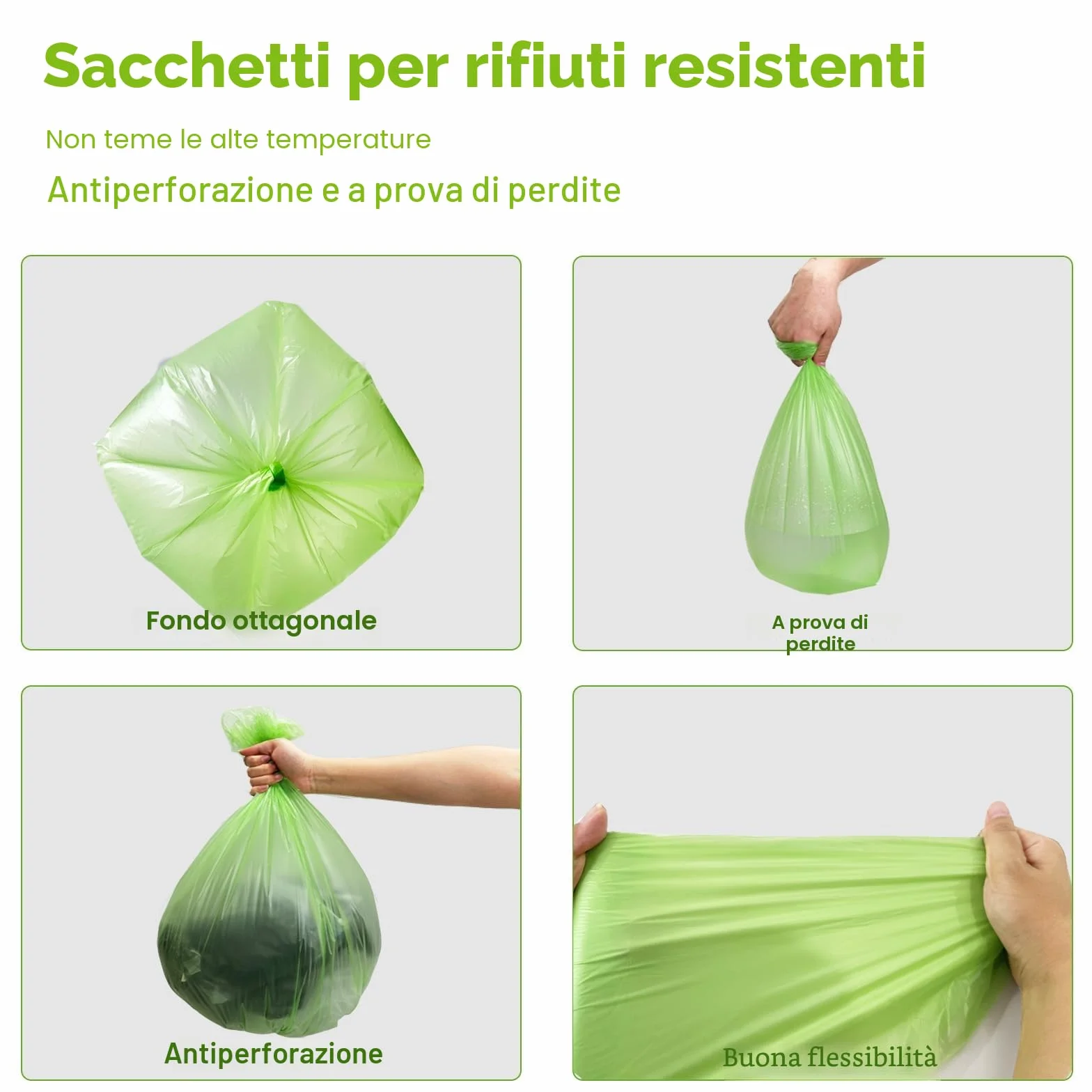 Sacchetti biodegradabili per rifiuti alimentari 10 L, 120 pezzi, compostabili, colore verde