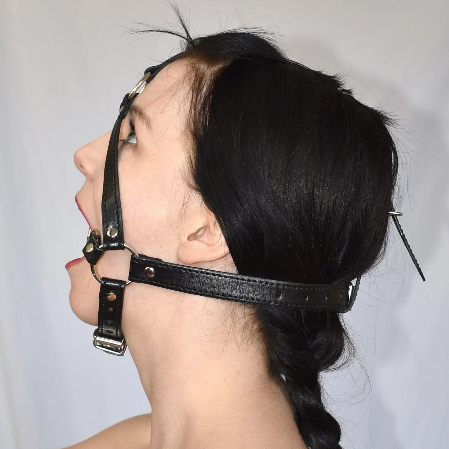 Bavaglio con 2 Anelli in Metallo Apribocca Ring Gag Imbracatura Similpelle BDSM Bondage Clinico Feticismo