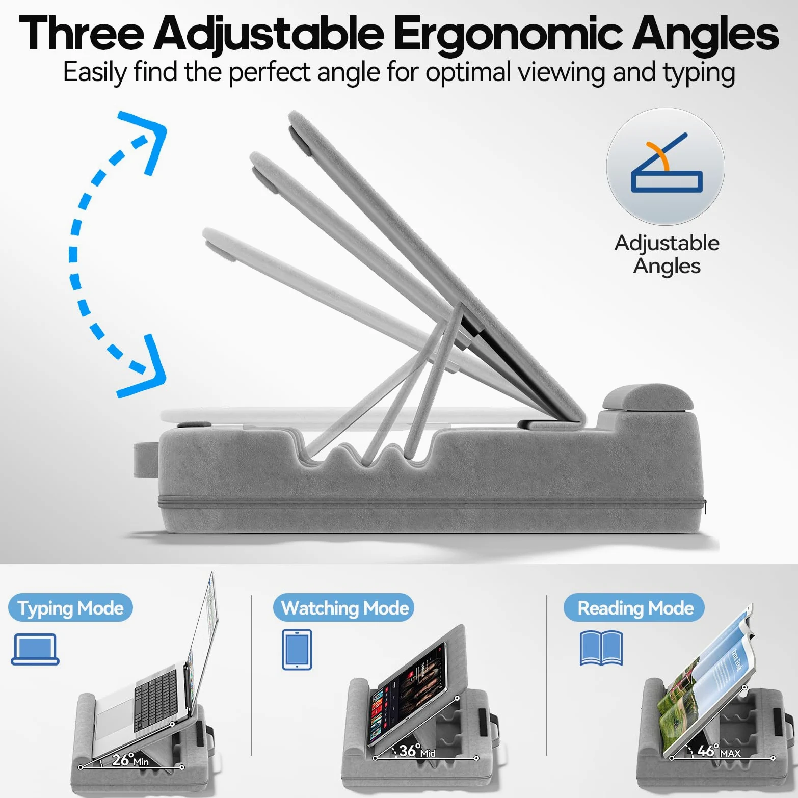 Cuscino per Computer Portatile, Porta PC Scrivania con 3 Angolazioni Regolabili, Cuscino Laptop con Poggiapolsi, Supporto Laptop Scrivania Adatto per Lavoro e Domestico, Grigio