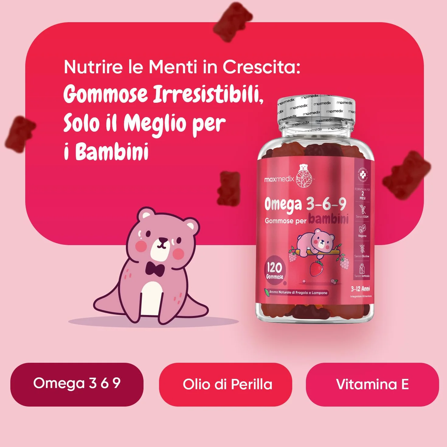 Omega 3 per Bambini 400mg ALA 60% Olio di Perilla 120 Gommose Vegan Senza Glutine