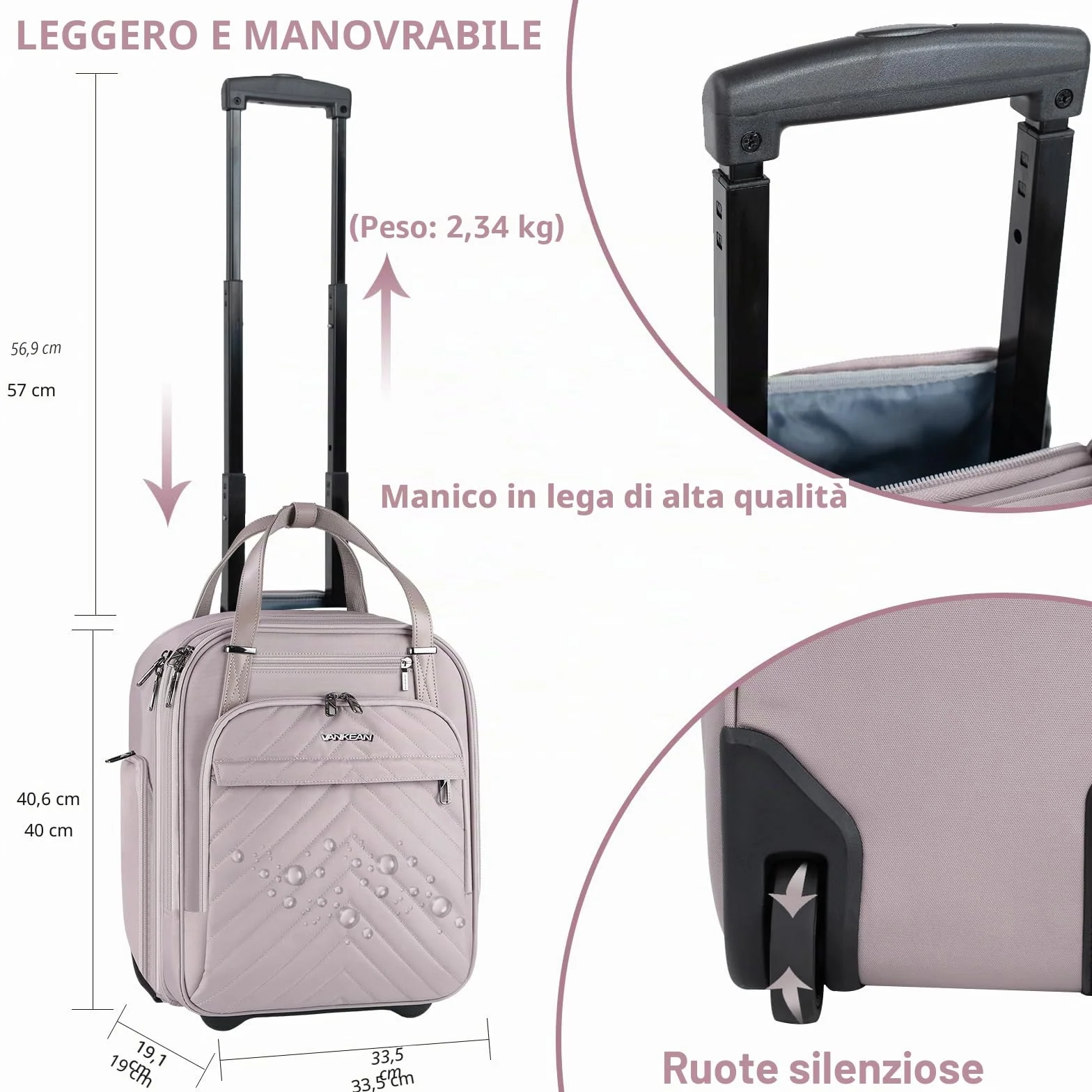 VANKEAN Valigia da Notte Leggera Multifunzione Sotto il Sedile 30,5 cm x 18 cm x 40 cm Grigio Rosa