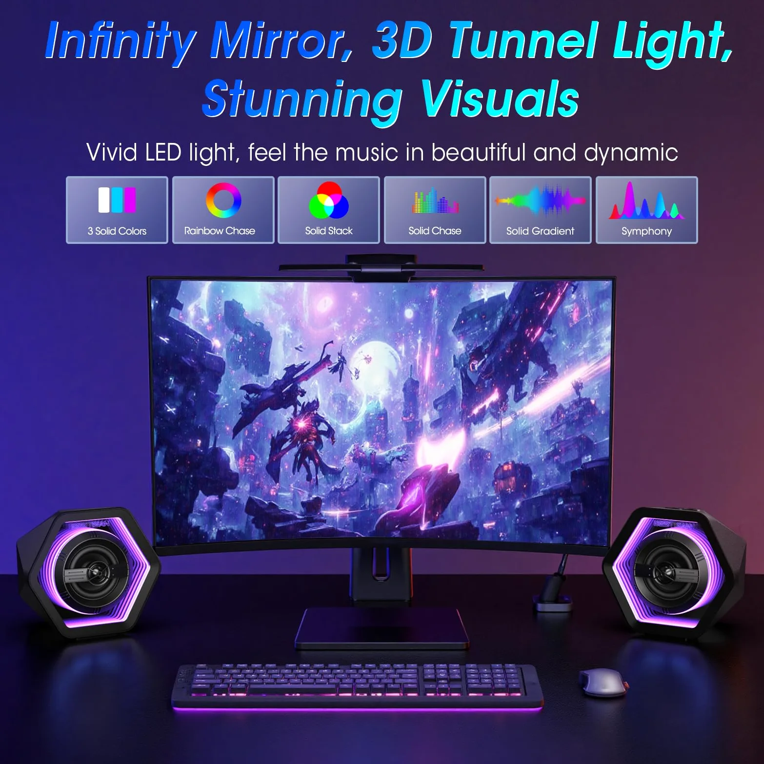 BESTISAN Altoparlanti da gioco per computer con retroilluminazione 8 RGB, design compatto, altoparlante alimentato a corrente continua con 3 modalità di equalizzazione, altoparlanti attivi da 50 Watt