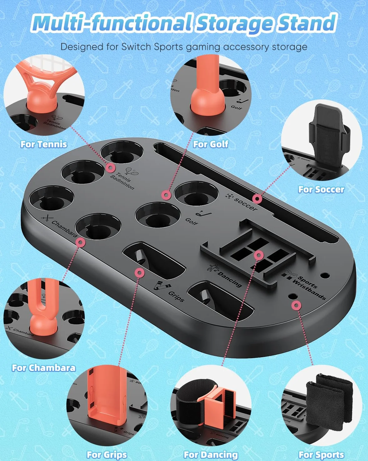 Set di accessori sportivi con stazione organizer per Nintendo Switch 2 (2025)/Switch/OLED, kit sportivo universale per feste in famiglia, Golf/Tennis/Danza/Spada/Calcio per Joycon e supporto