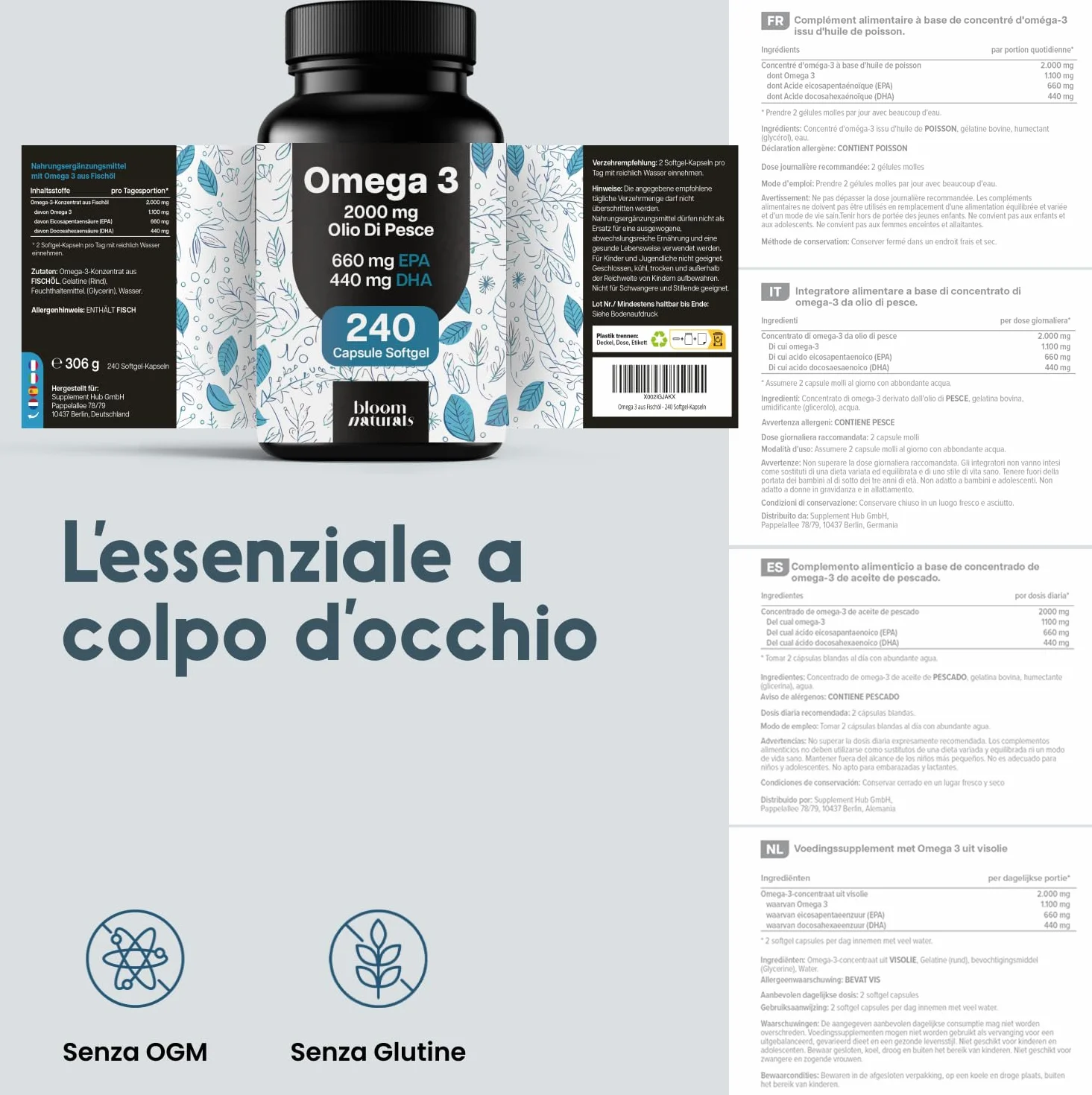 Omega 3 2000 mg 240 Capsule Softgel Alta Concentrazione Olio di Pesce EPA 660 mg DHA 440 mg Integratore Alimentare