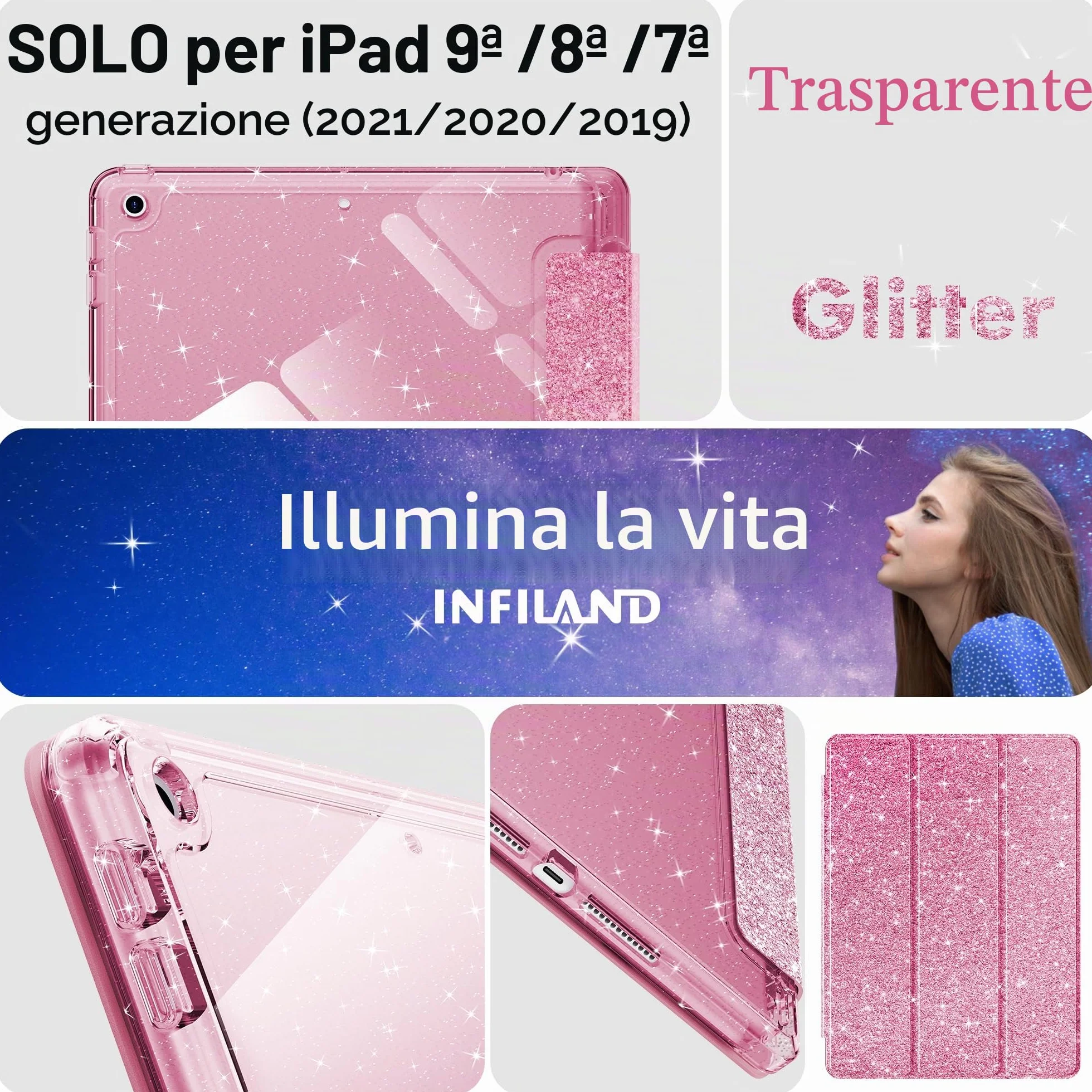 Custodia iPad 10,2" Glitterata Retro Trasparente Portapenne Bambine Rosa