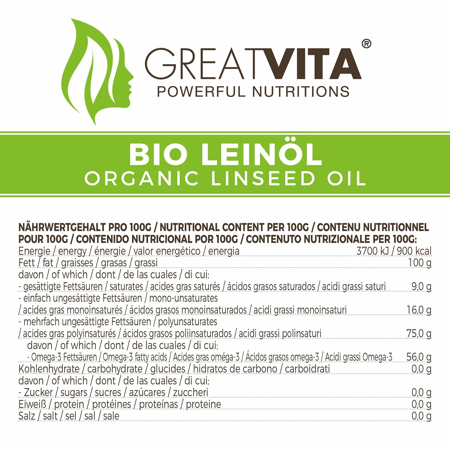 Olio di lino biologico MeaVita 100% puro spremuto a freddo 500ml bottiglia di vetro