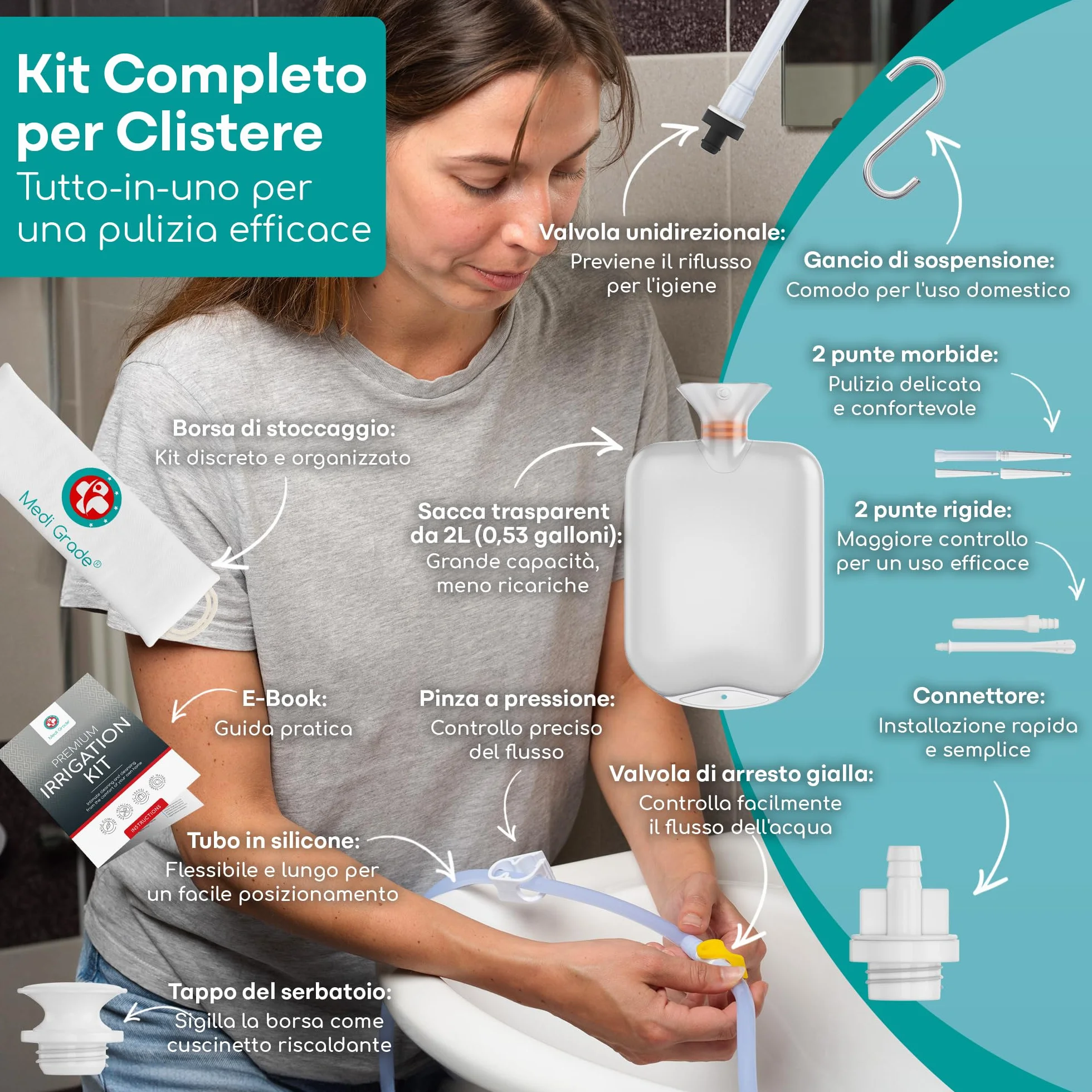 Medi Grade Kit per Pulizia Intima 2 Litri - Domestico - Clistere Riutilizzabile - Trasparente