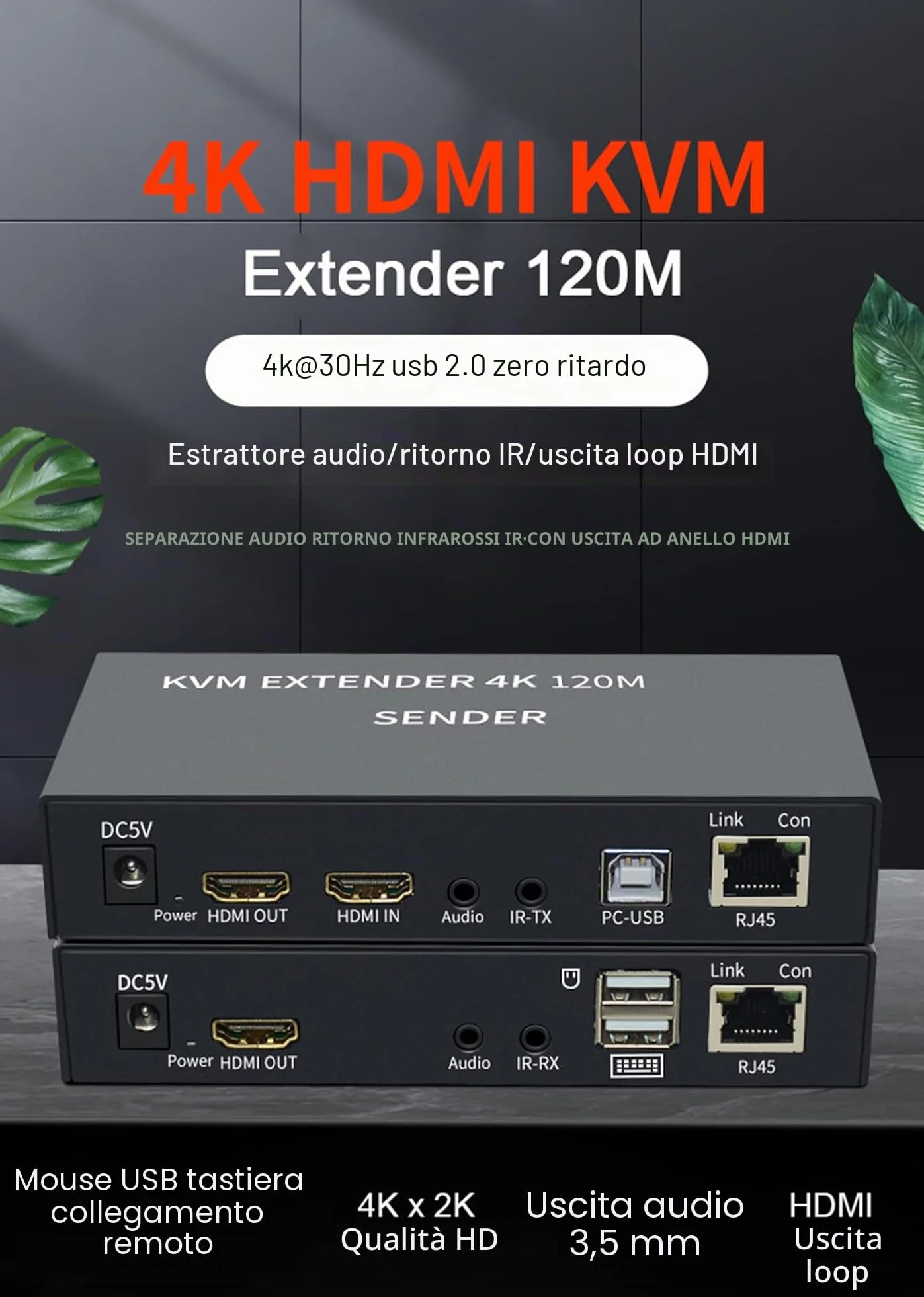 KVM EXTENDER 4K 120M Ricevitore, Extender 4K HDMI KVM Extender via Cat5e/6 cavo Ethernet 120M HDMI USB Extender Video Audio Trasmettitore Ricevitore Supporto Tastiera Mouse
