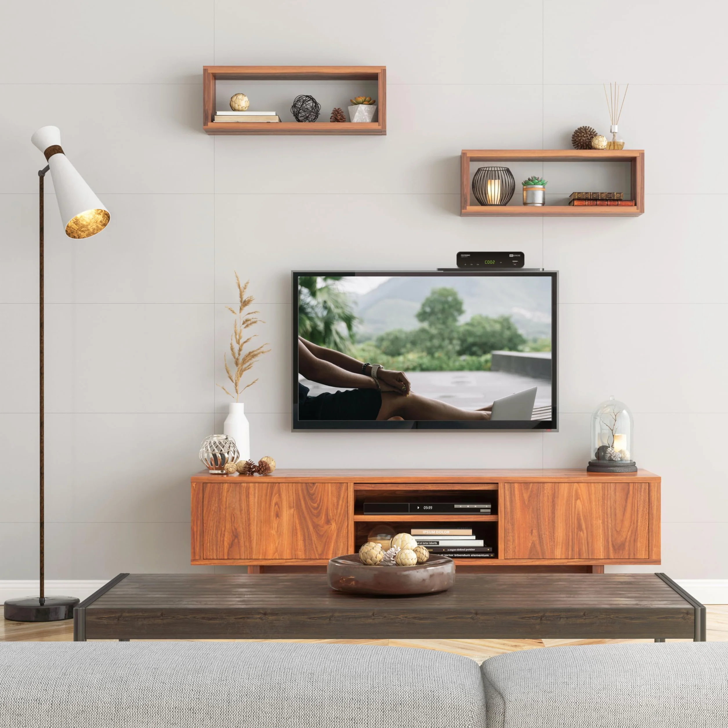 METRONIC 451074 - Scaffale per TV con supporto per schermo, monitor, decoder tablet, vassoio superiore per supporti multimediali, altoparlanti - semplice installazione - nero
