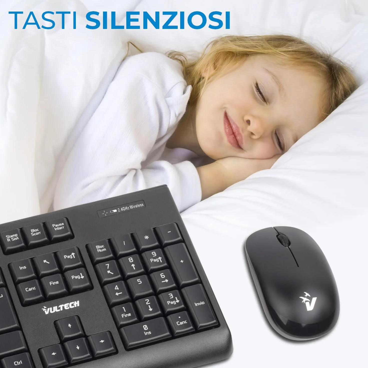 Vultech KM-821W Kit Tastiera e Mouse Wireless 2.4 GHz. Design ergonomico, Layout italiano, Tastierino numerico, tasti silenziosi, per PC/Laptop, Nero. Compatibile con Windows, Linux