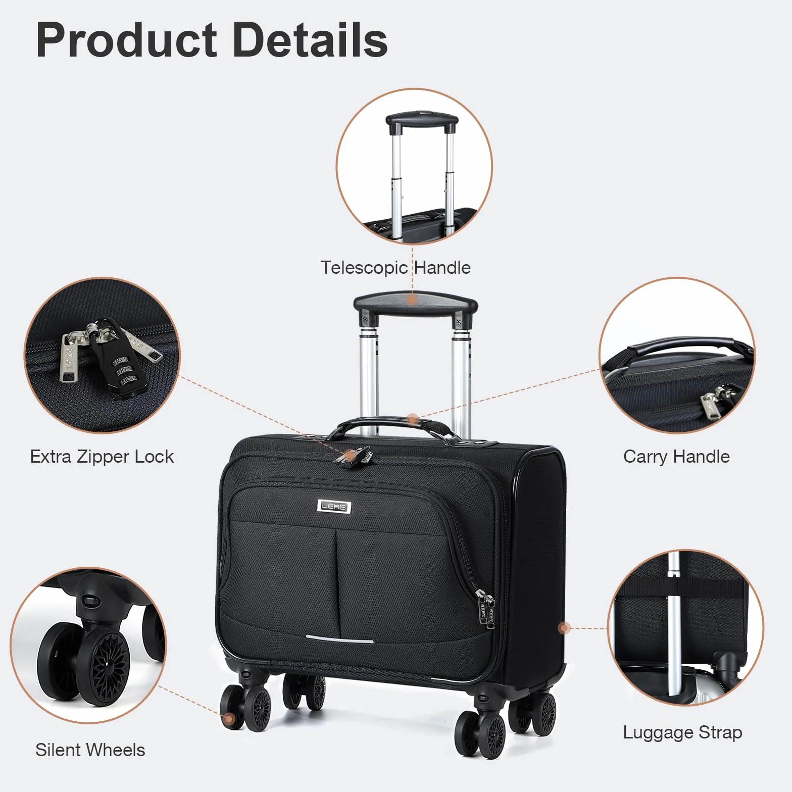 Borsa Trolley Porta PC con lucchetto TSA 4 Ruote per Laptop 15,6 Pollici Impermeabile Valigia per Viaggi - Nero